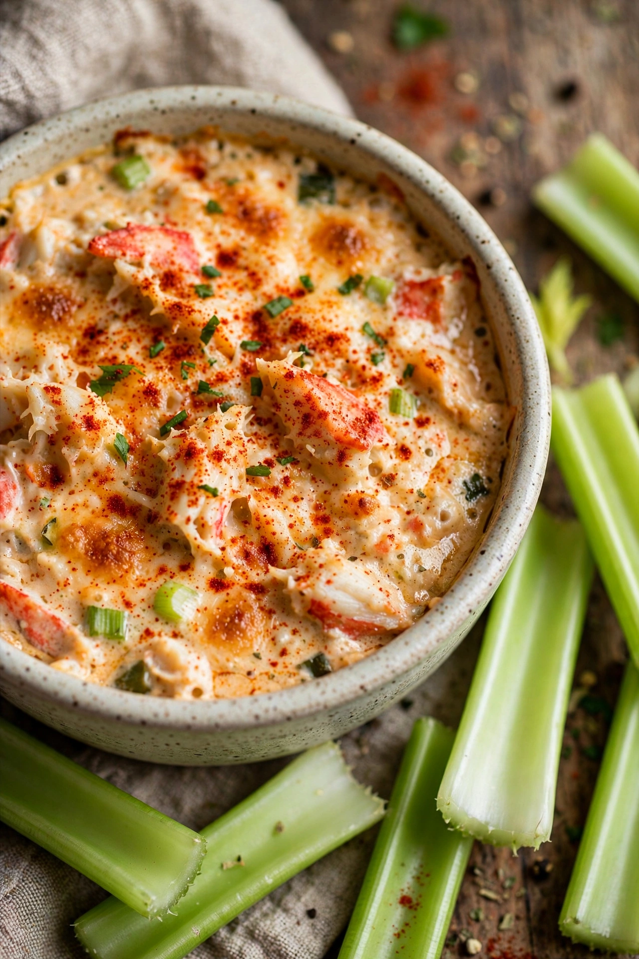 Cajun crab dip with paprika dusting and celery sticks