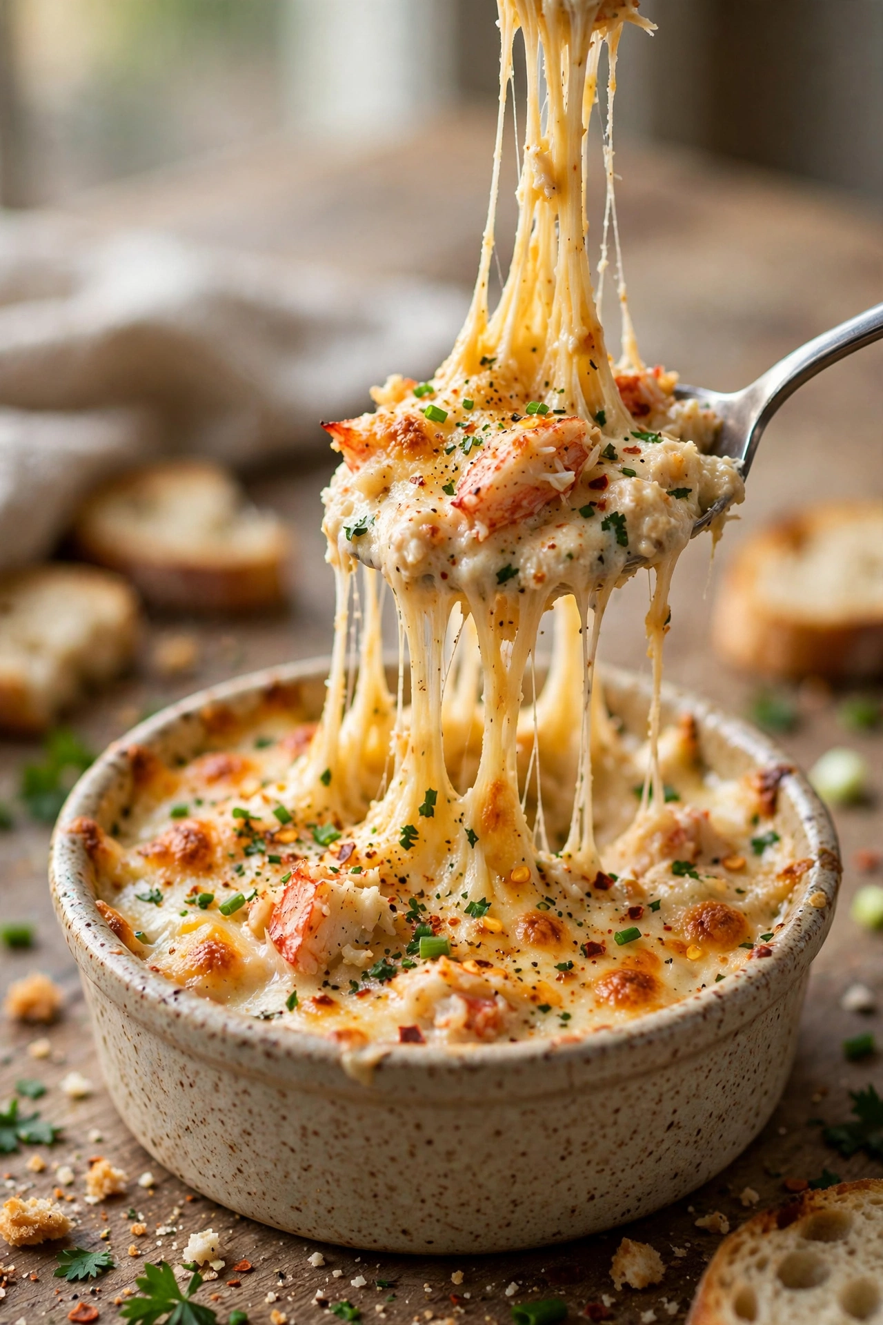 Extra cheesy crab dip with golden cheese pull from a spoon