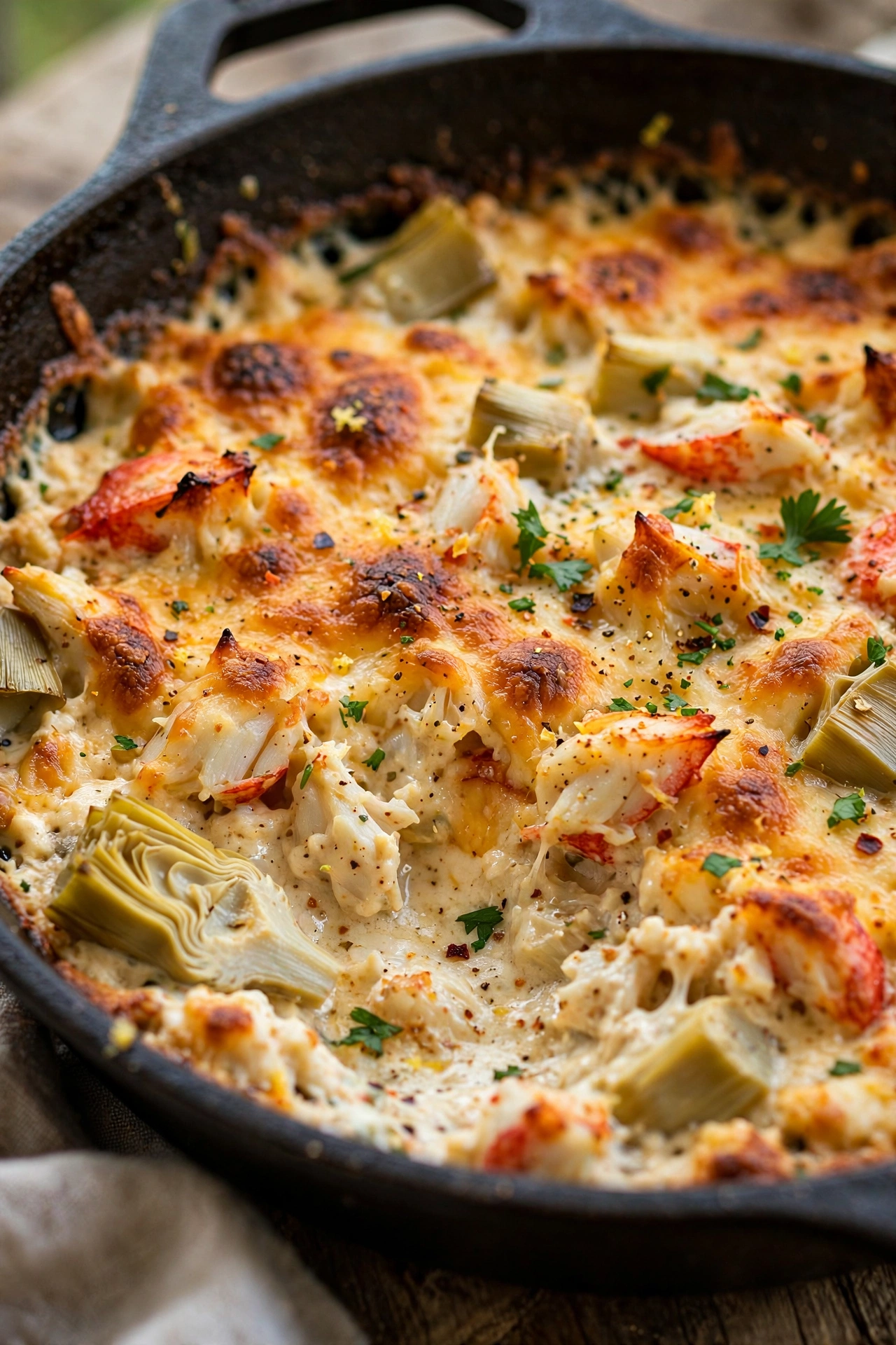 Crab and artichoke dip baked golden in a skillet
