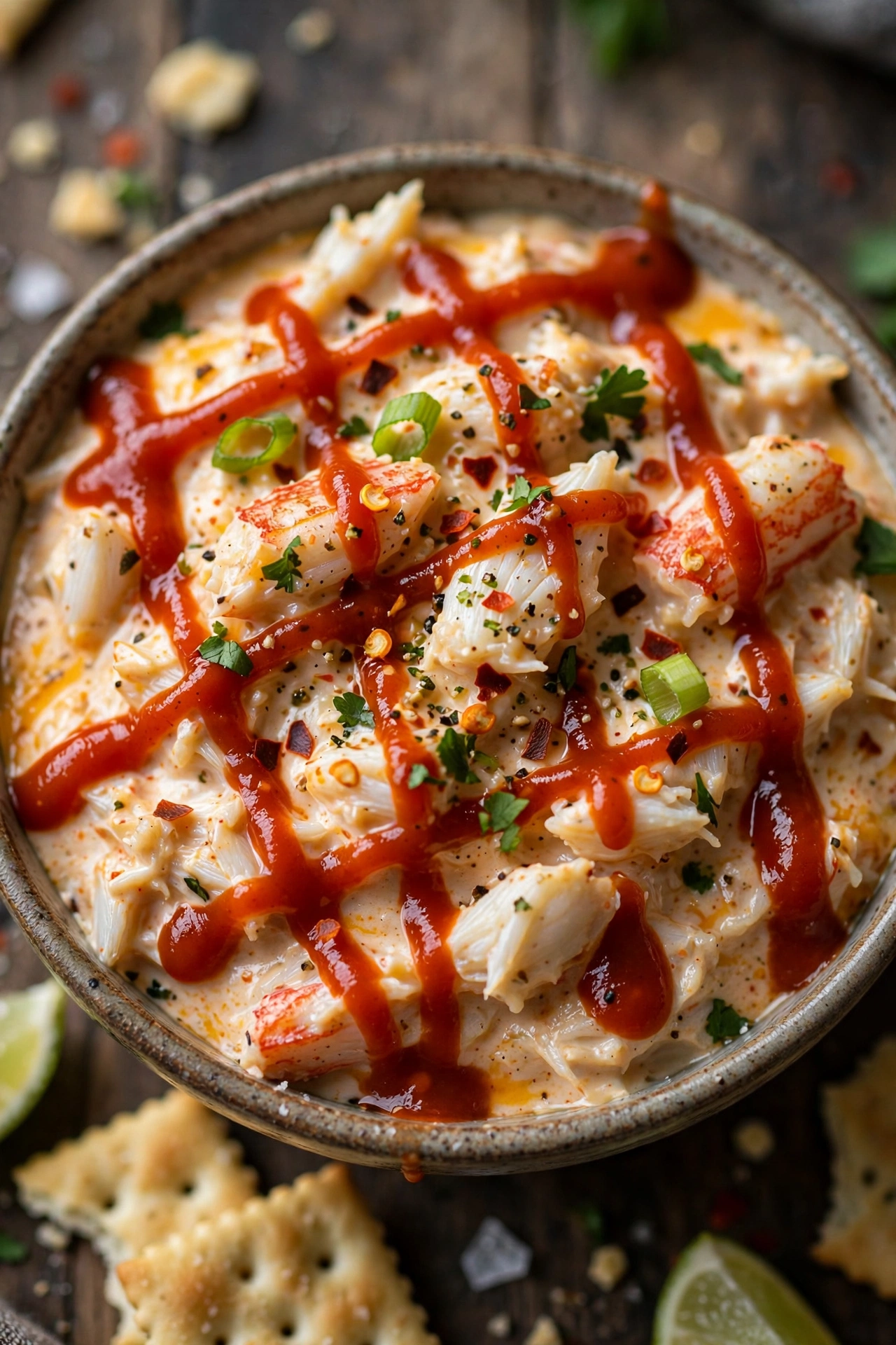 Spicy sriracha crab dip drizzled with sriracha