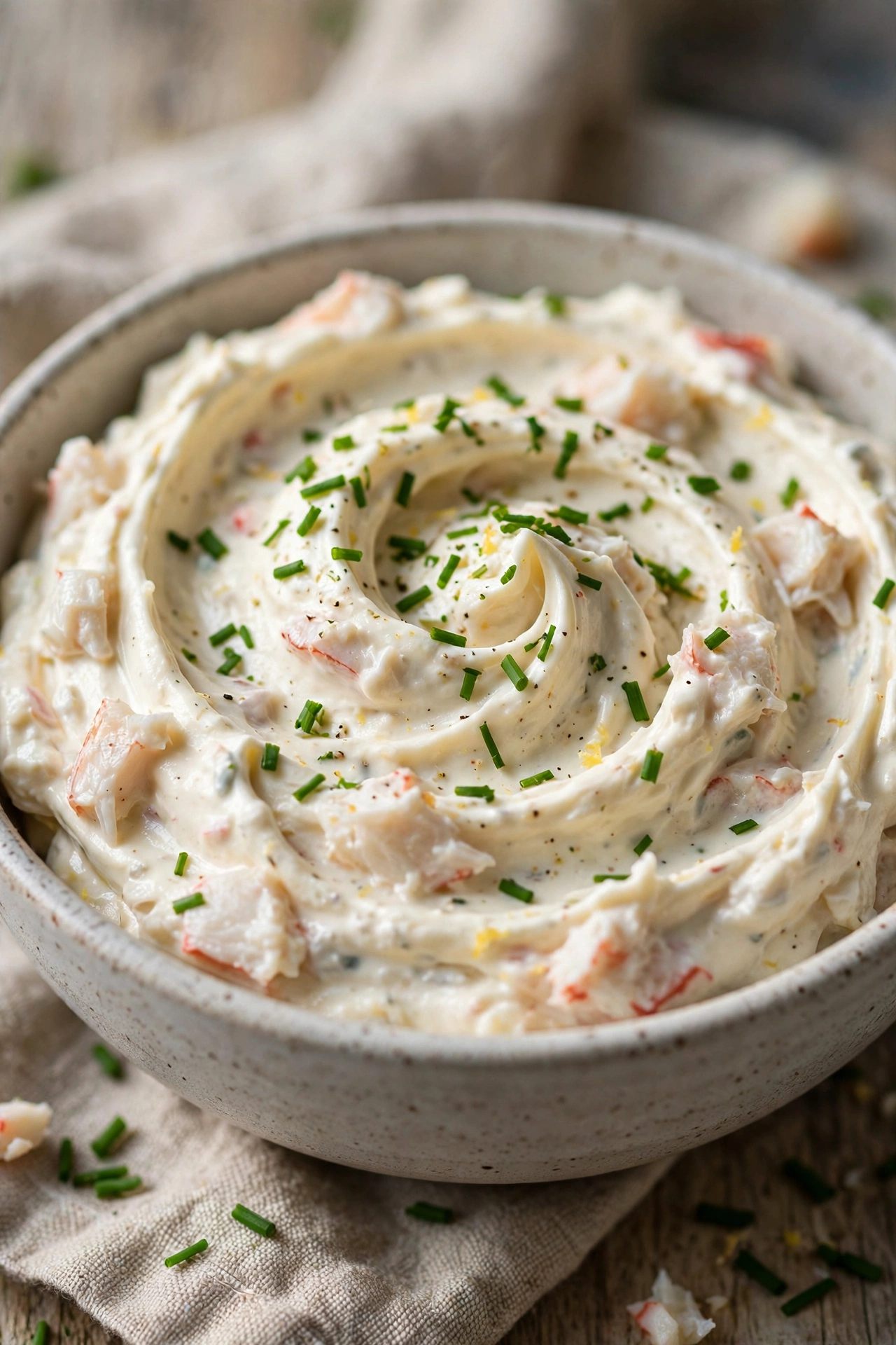 Cream cheese crab dip swirled in a bowl with chives