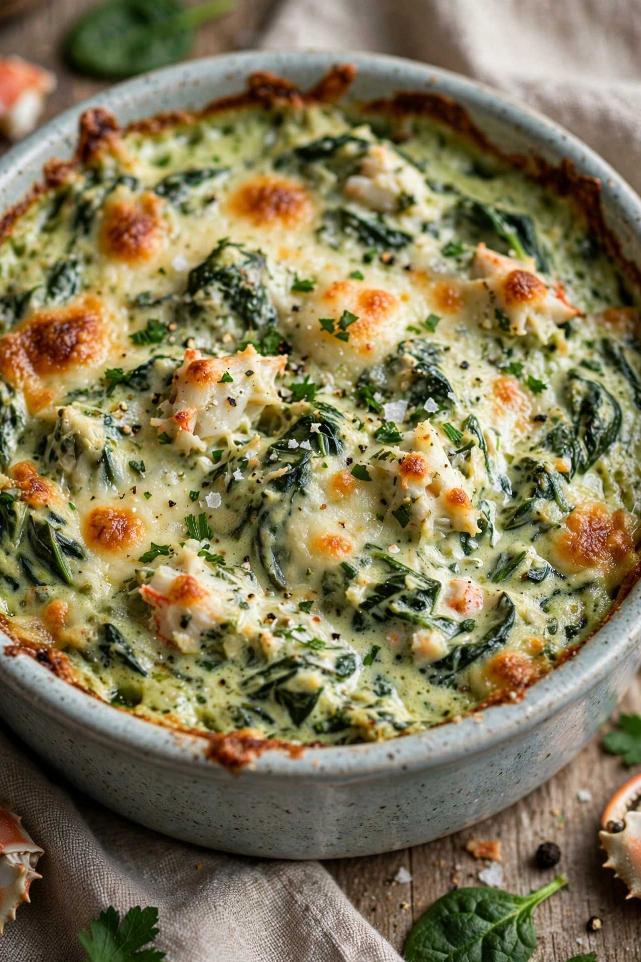 Crab spinach dip creamy green baked in a dish