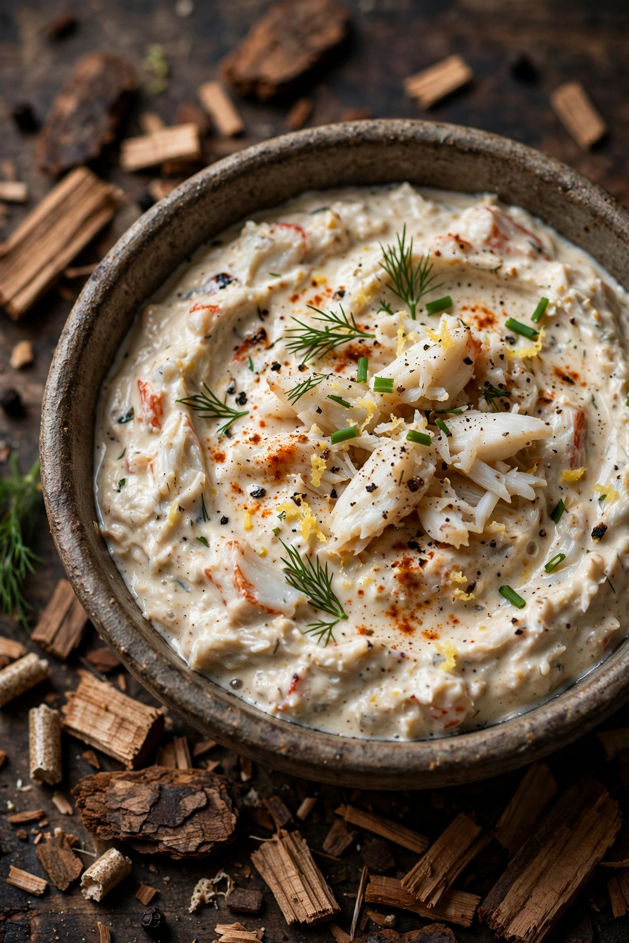Smoked crab dip in a rustic bowl with wood chips styling