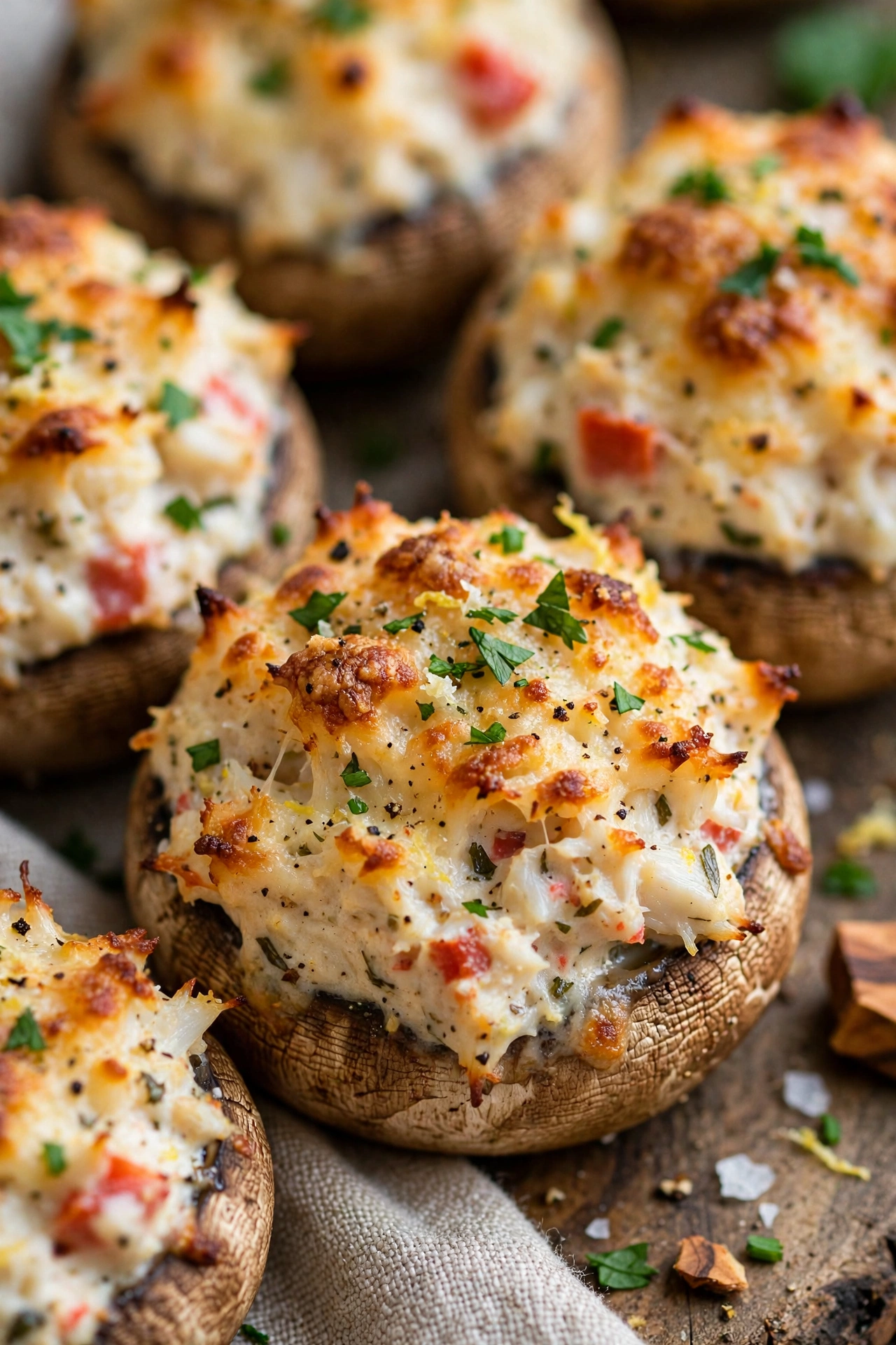Crab dip stuffed mushrooms baked with parmesan
