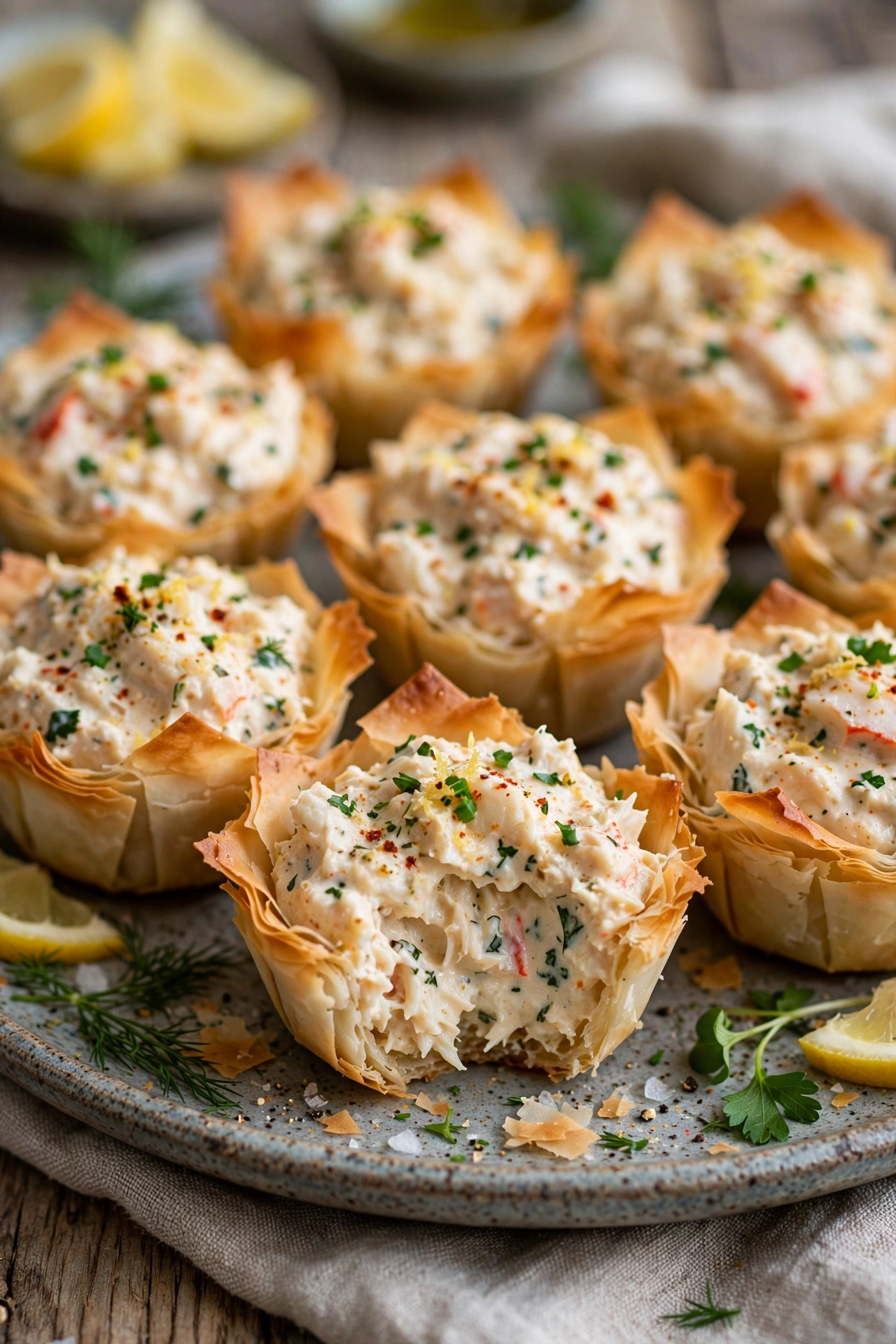 Bite-size crab dip phyllo cups on a platter