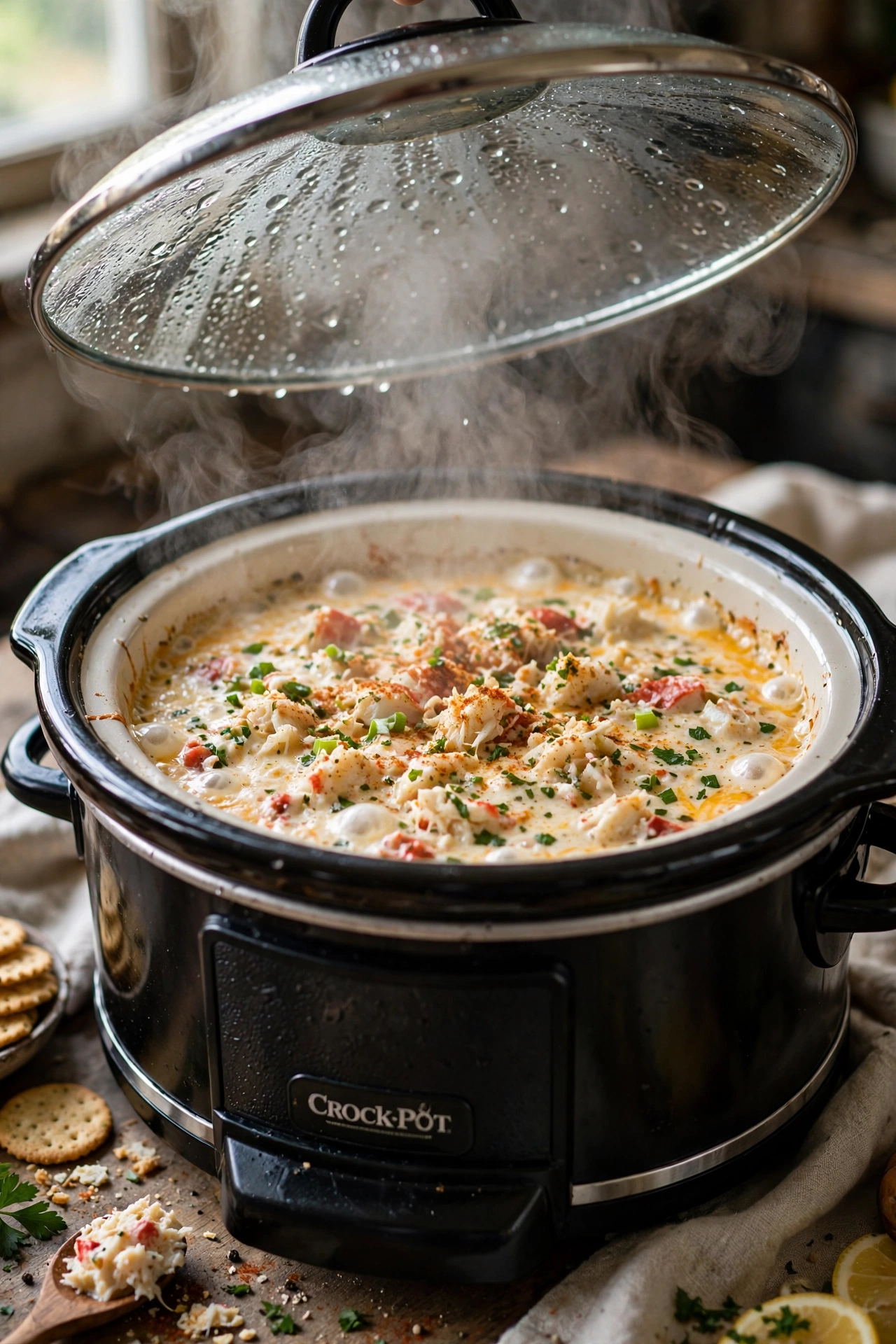 Slow cooker crab dip with lid lifted showing steam