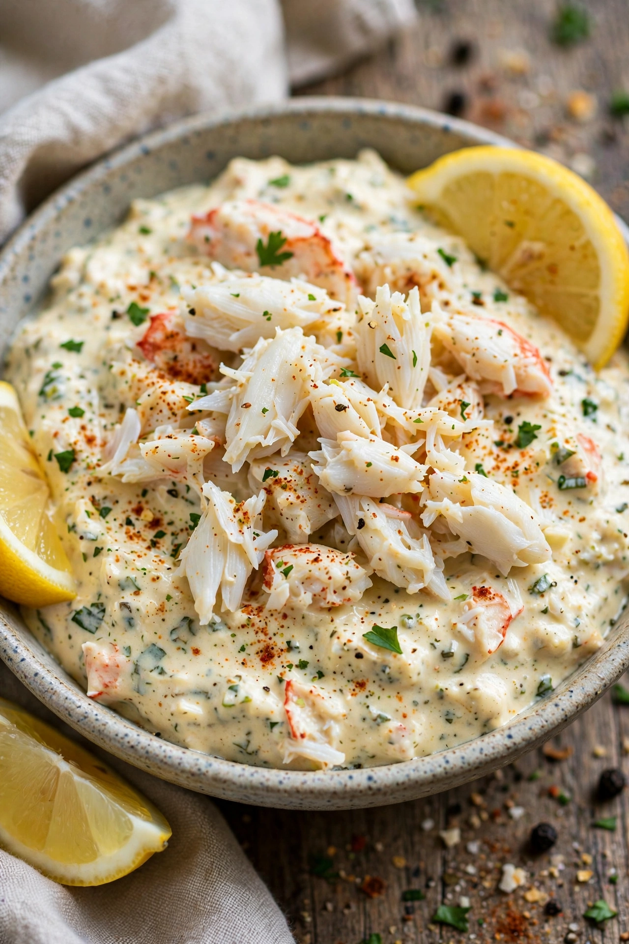 Old Bay crab dip with visible lump crab meat and lemon wedges