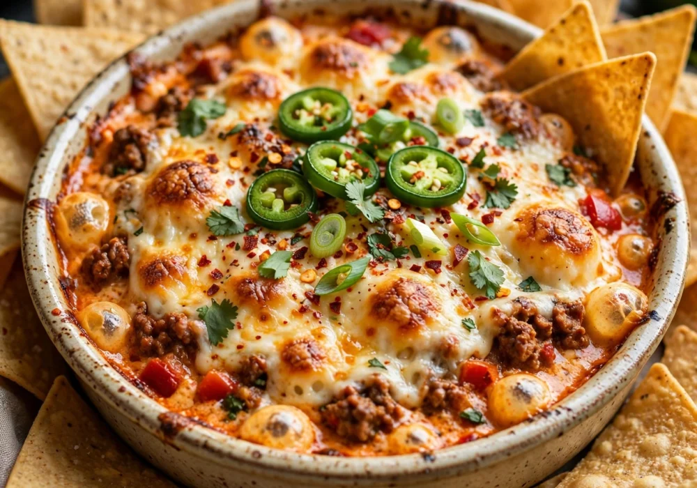 Cream cheese chili dip baked bubbly with tortilla chips