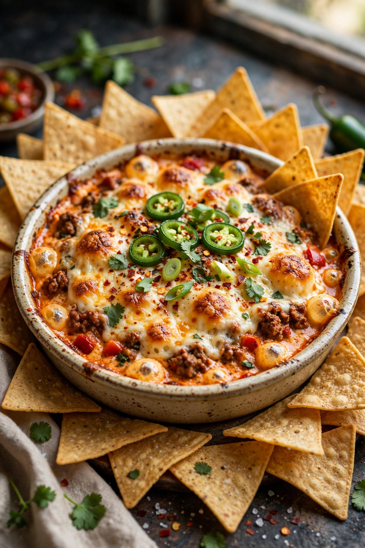 Cream cheese chili dip baked bubbly with tortilla chips