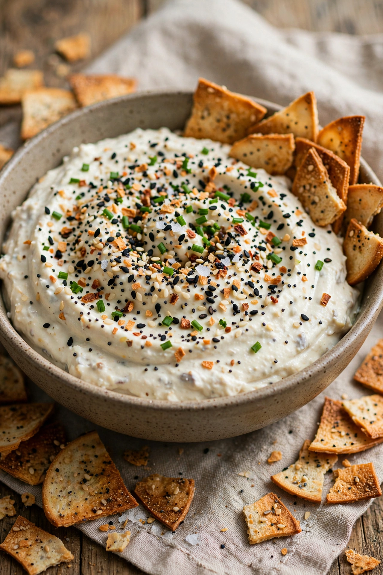 Everything bagel dip topped with everything seasoning and bagel chips