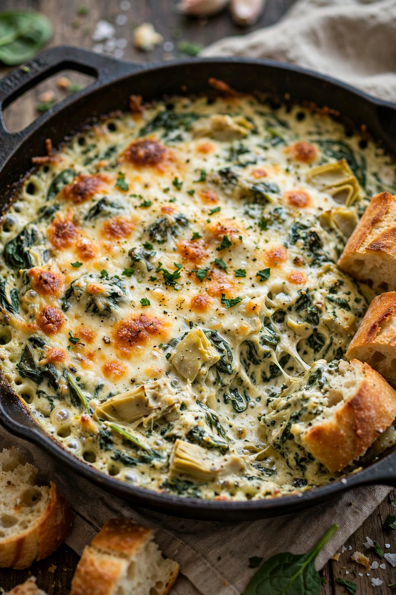 Spinach artichoke dip golden baked in a skillet