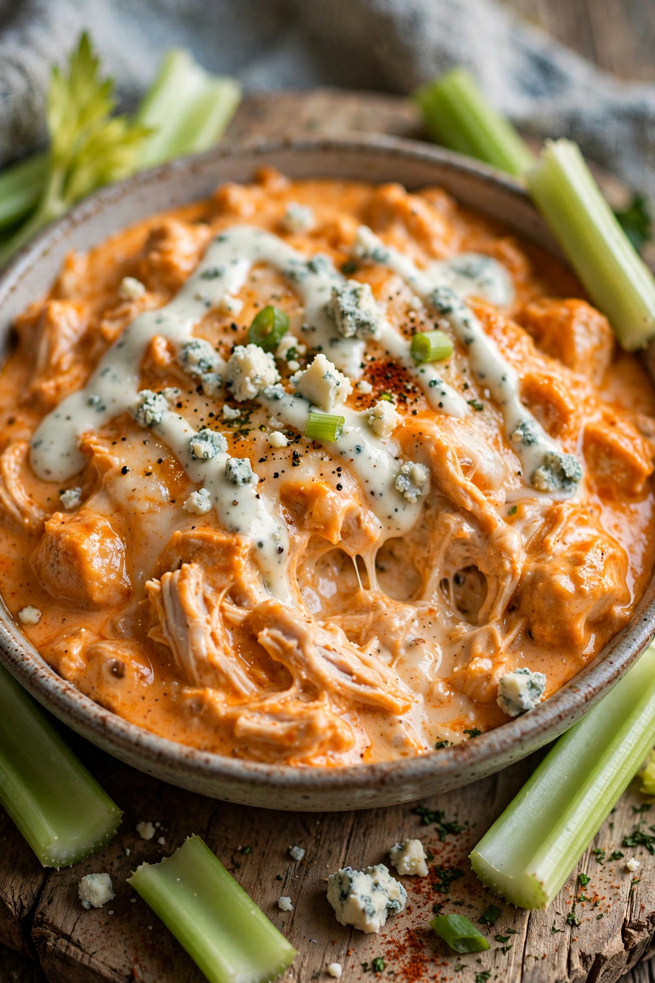 Buffalo chicken dip with blue cheese drizzle and celery