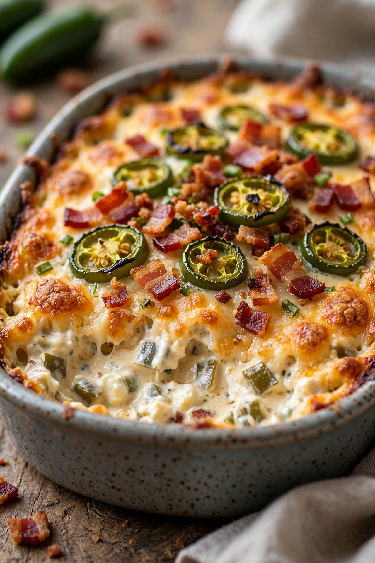 Jalapeno popper dip with bacon bits and crispy top