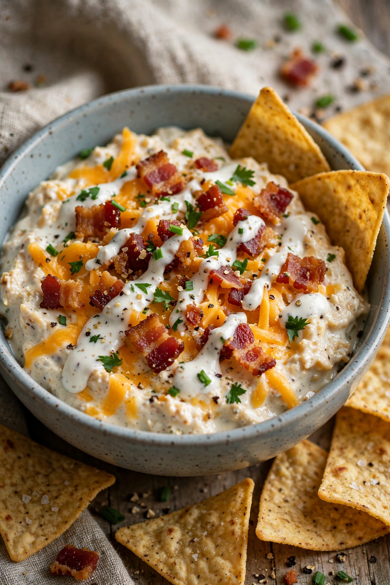 Crack dip with cheddar bacon and ranch in a bowl with chips