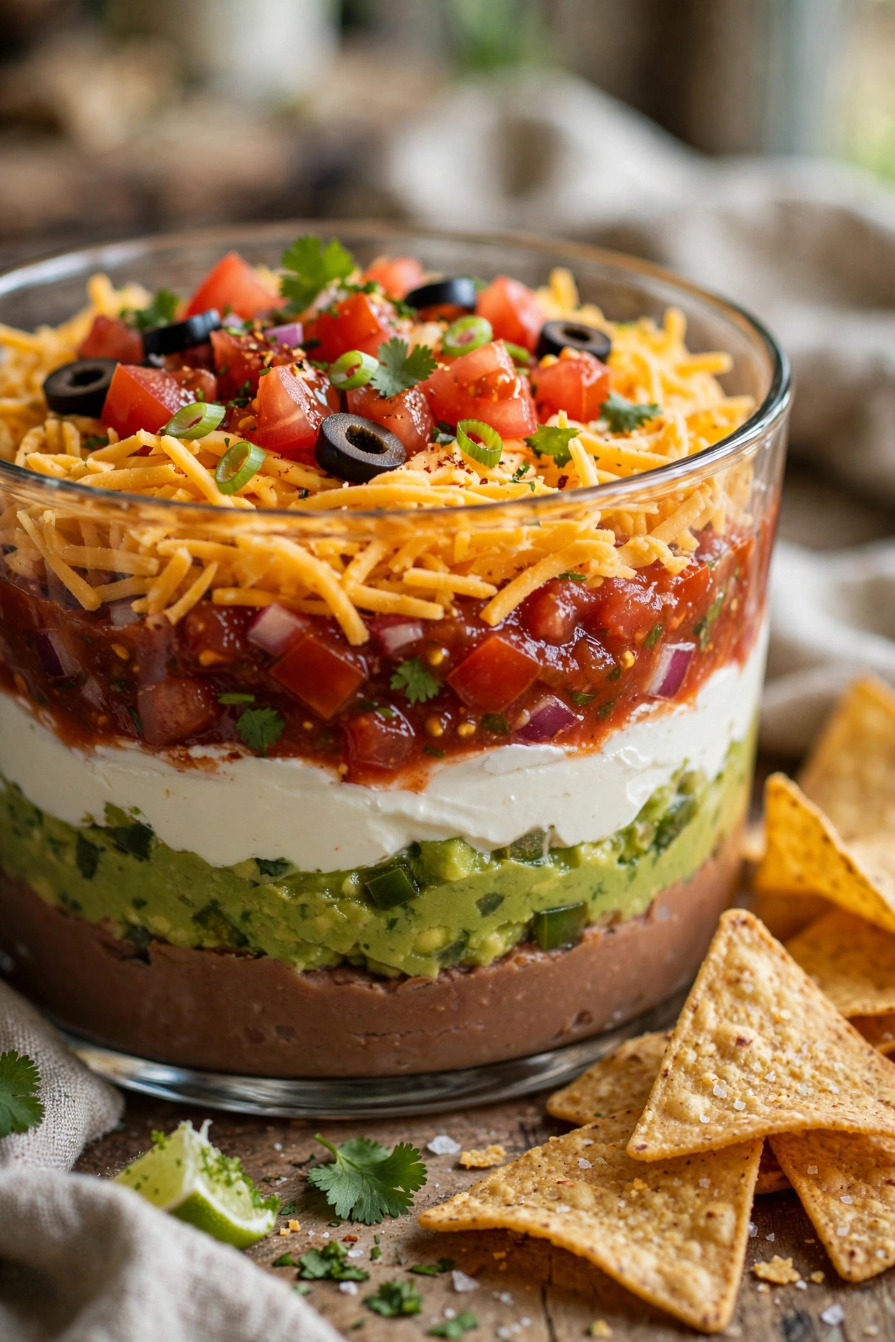 Layered taco dip with distinct colorful layers in a glass dish