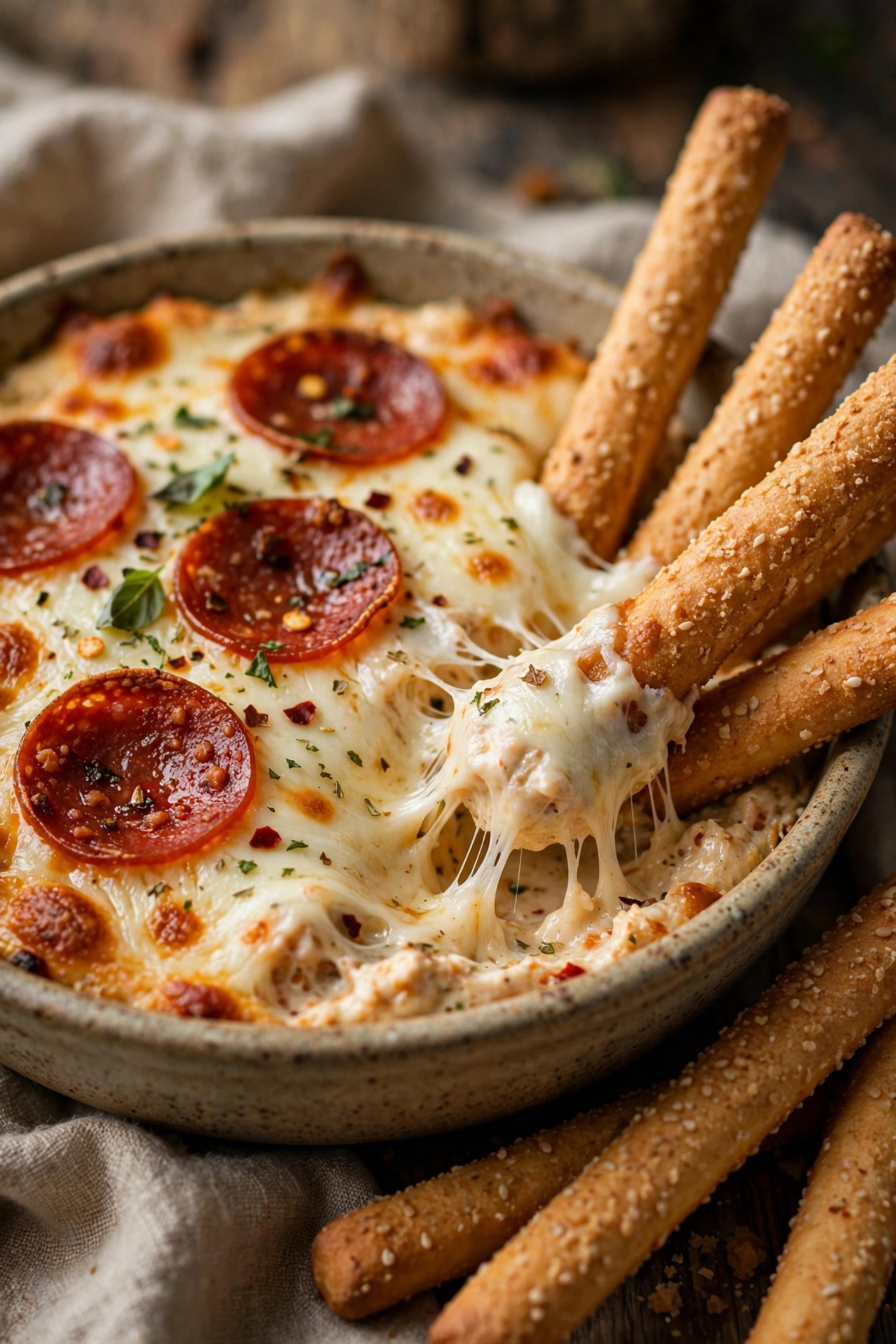 Pizza dip with pepperoni and melted mozzarella with breadsticks
