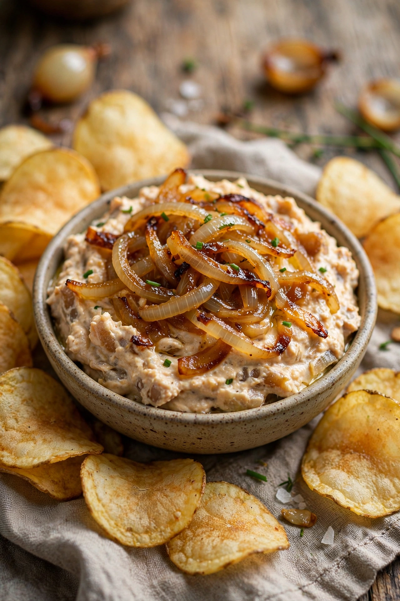 French onion dip with caramelized onions and potato chips