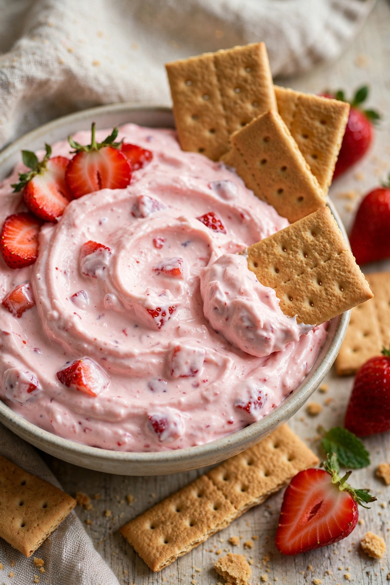 Strawberry cream cheese dip pink with graham crackers