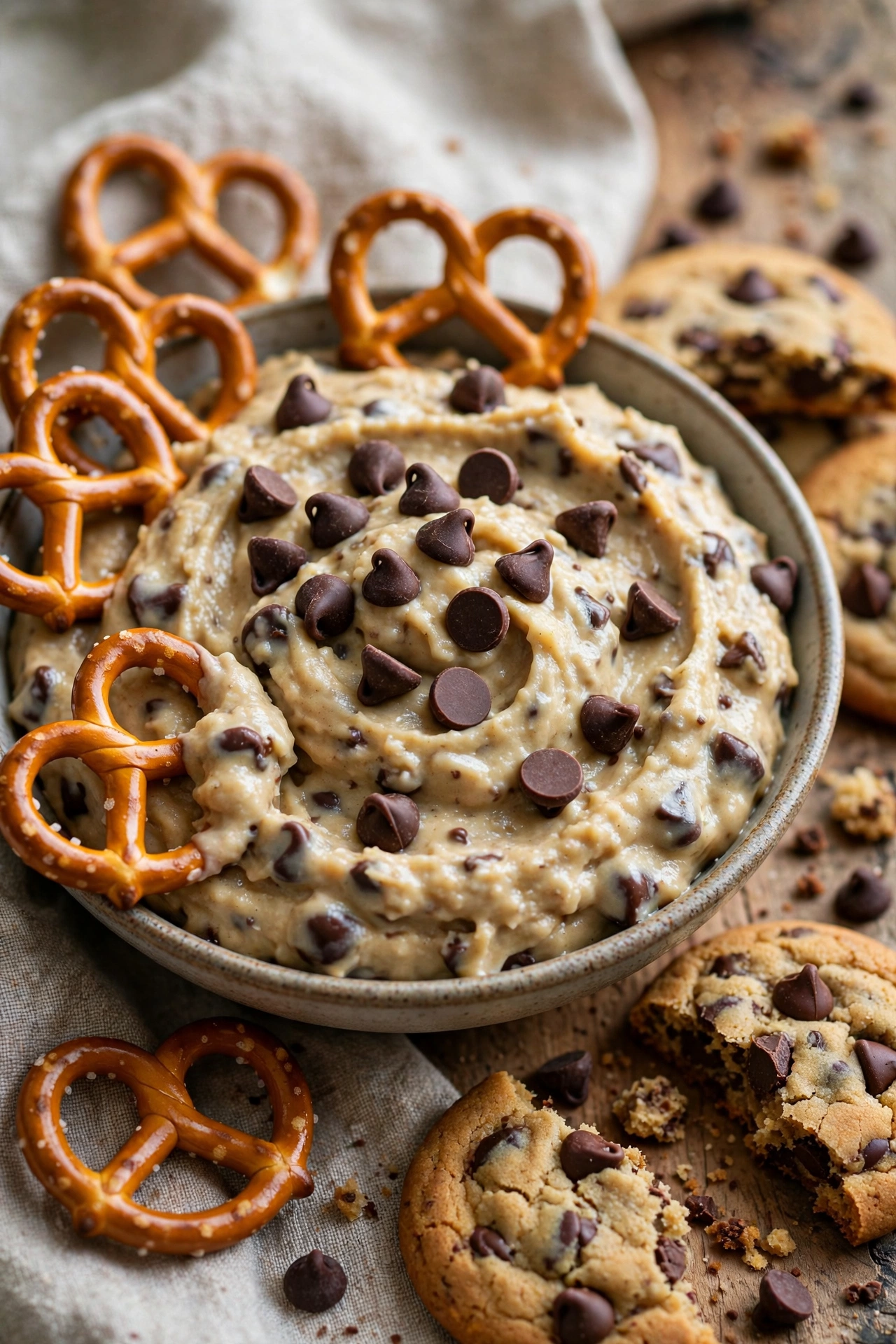 Chocolate chip cookie dough dip with pretzels and cookies
