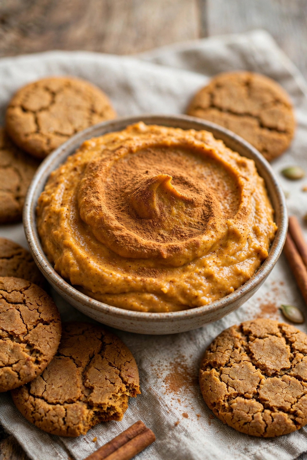 Pumpkin dip with cinnamon and gingersnap cookies