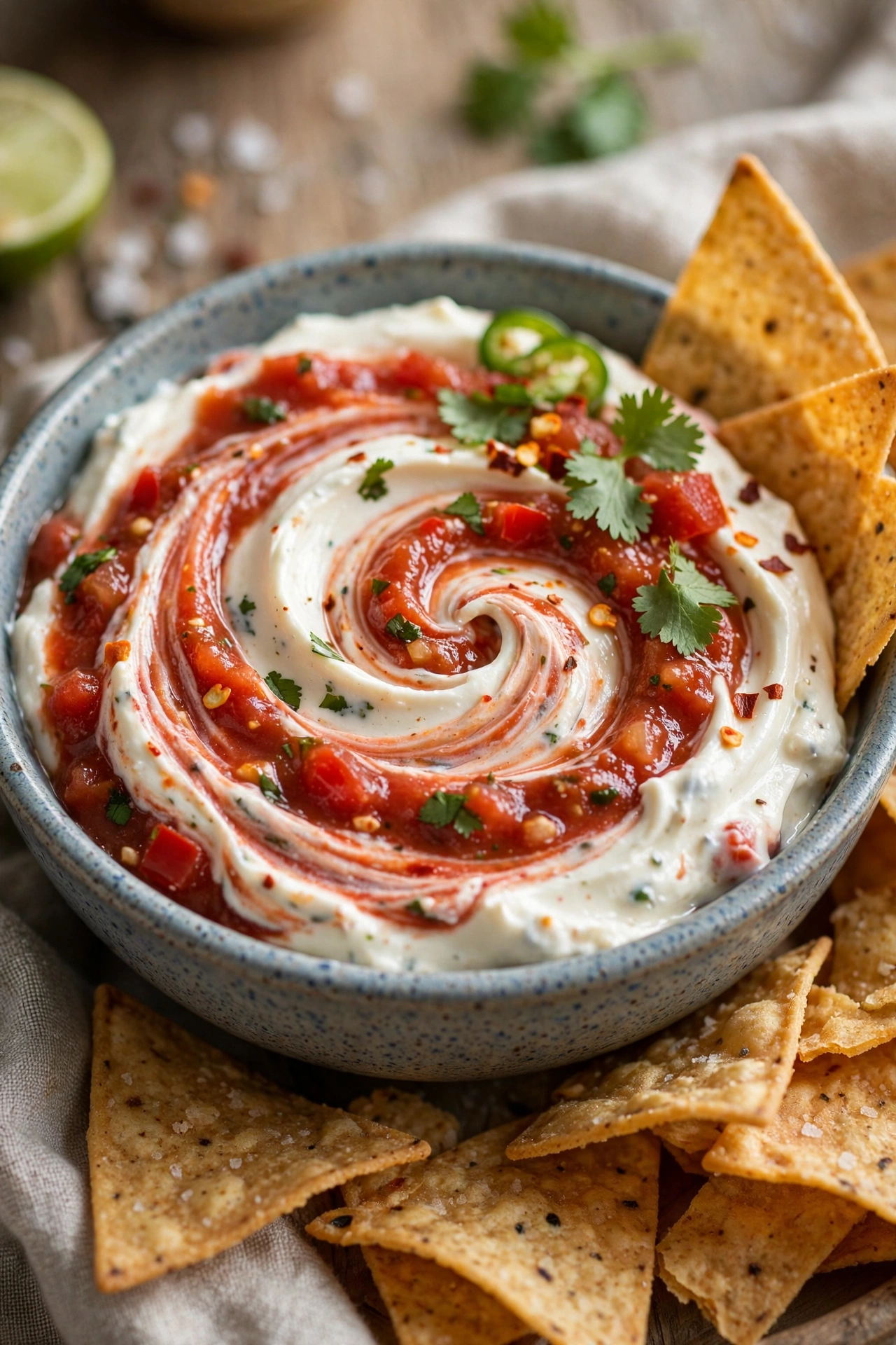 Salsa cream cheese dip swirled red and white