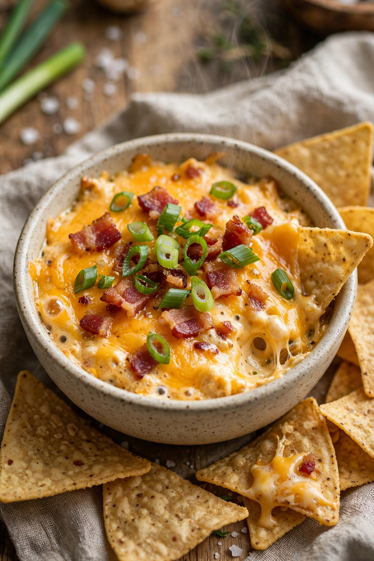 Bacon cheddar dip warm with green onions