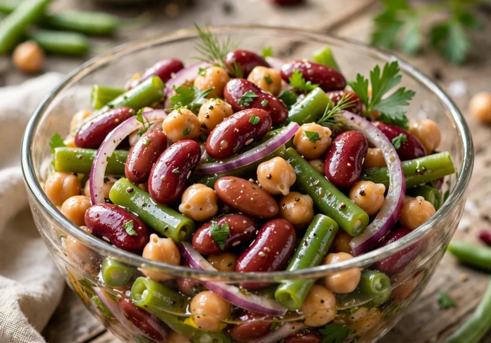Classic three-bean salad with kidney beans, chickpeas and green beans in a tangy vinaigrette in a glass bowl