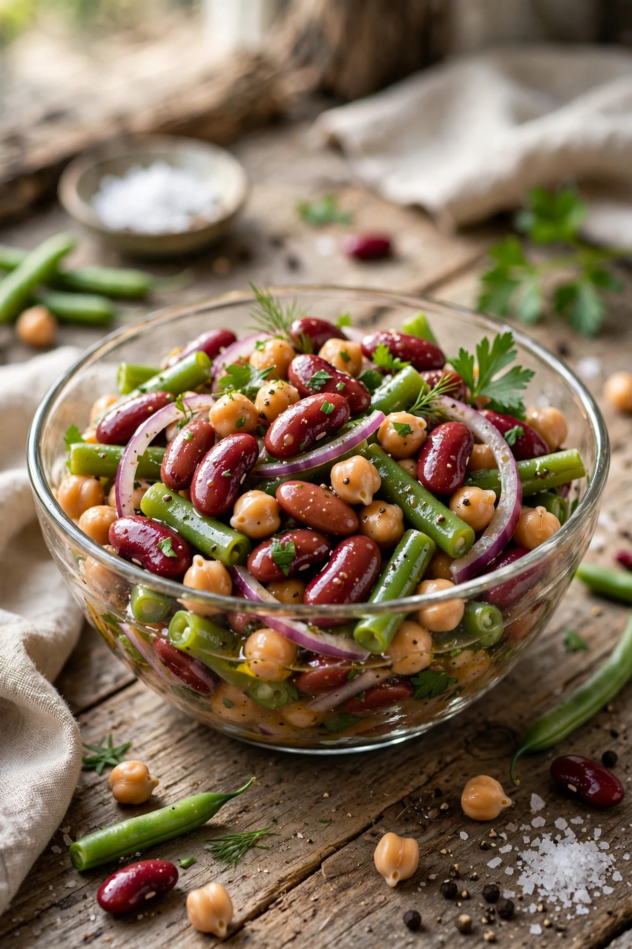 Classic three-bean salad with kidney beans, chickpeas and green beans in a tangy vinaigrette in a glass bowl