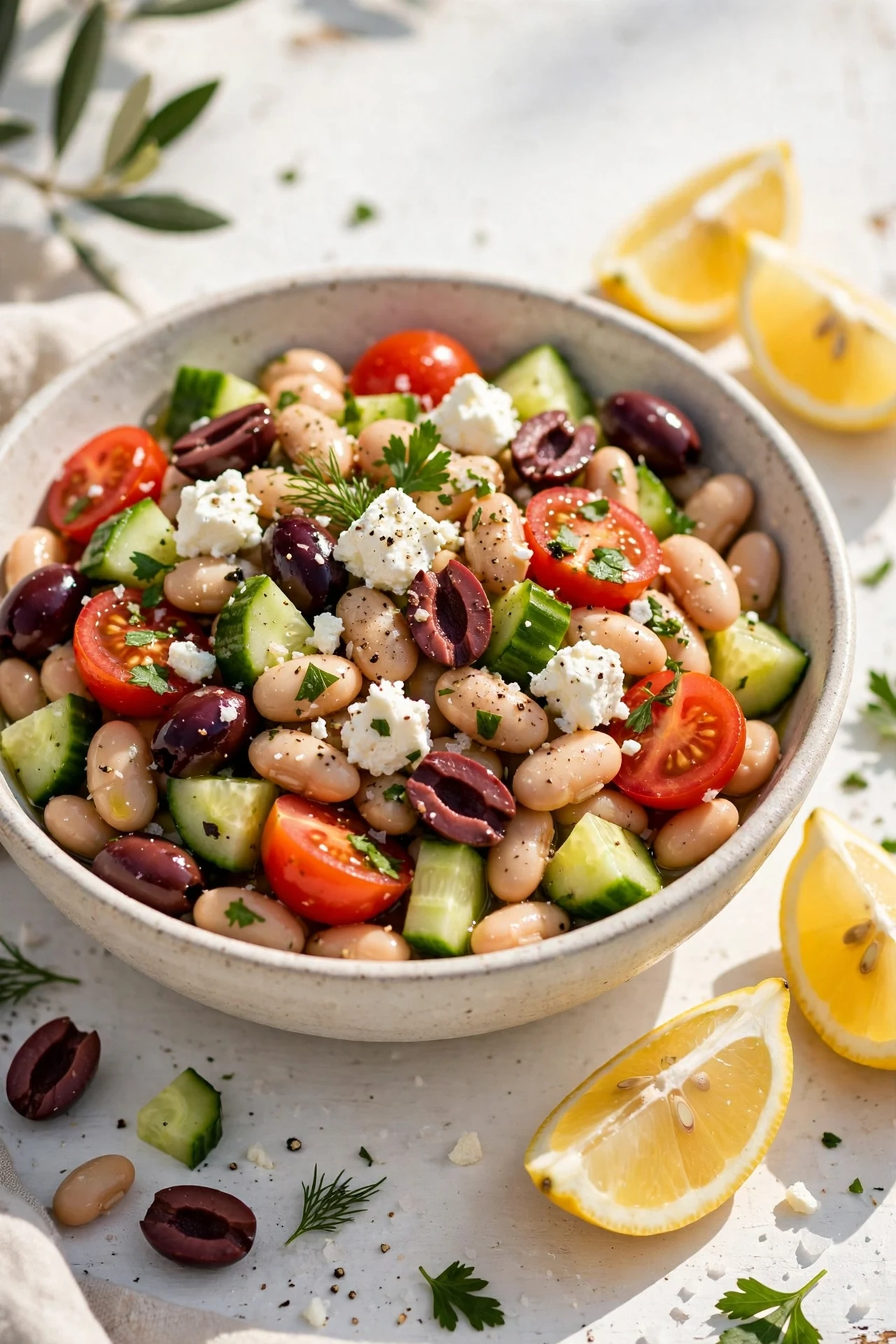 Mediterranean white bean salad with cannellini beans, cherry tomatoes, cucumber, olives and feta