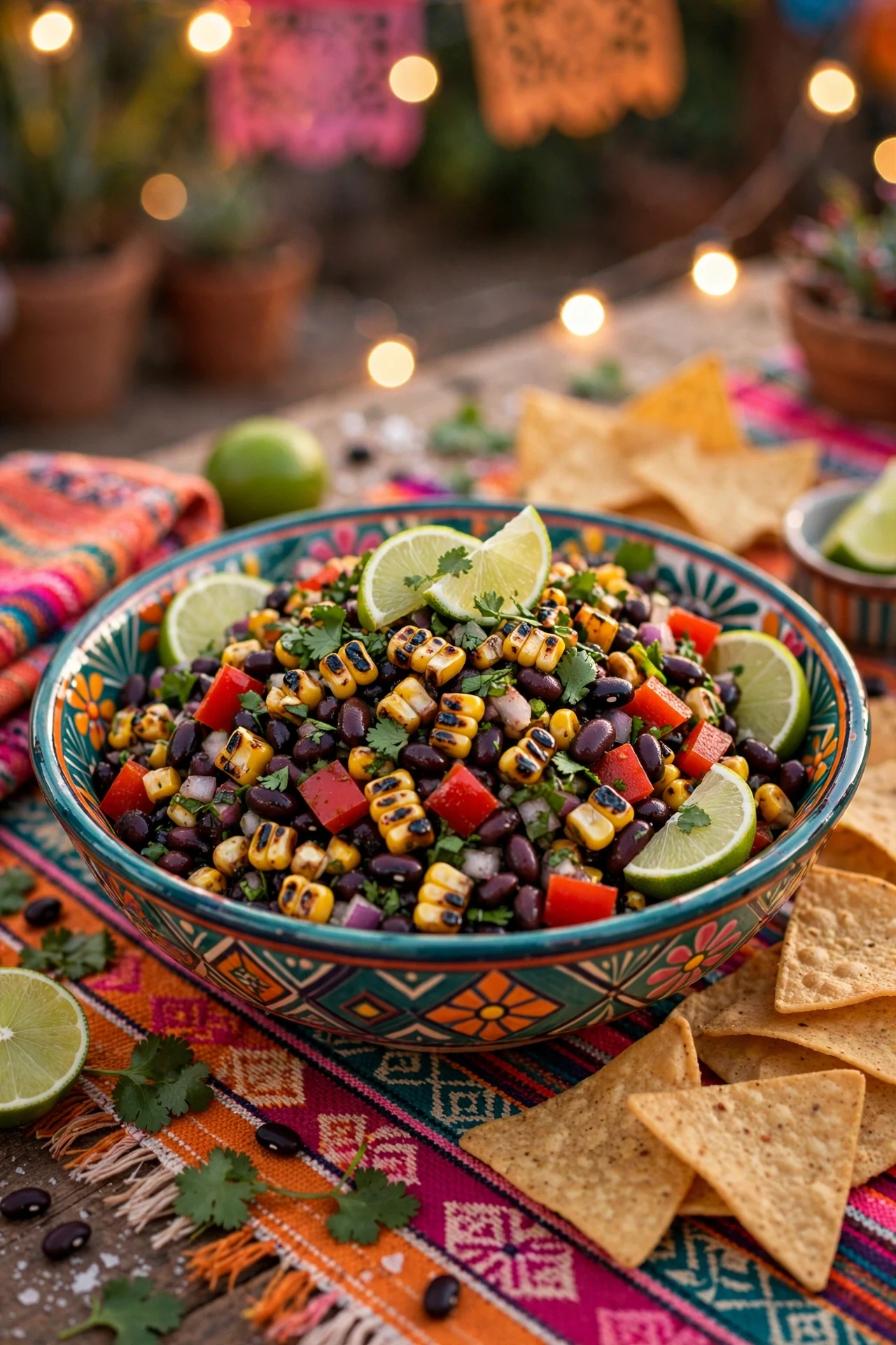 Black bean and corn fiesta salad with charred corn, red peppers and cilantro in a colorful bowl