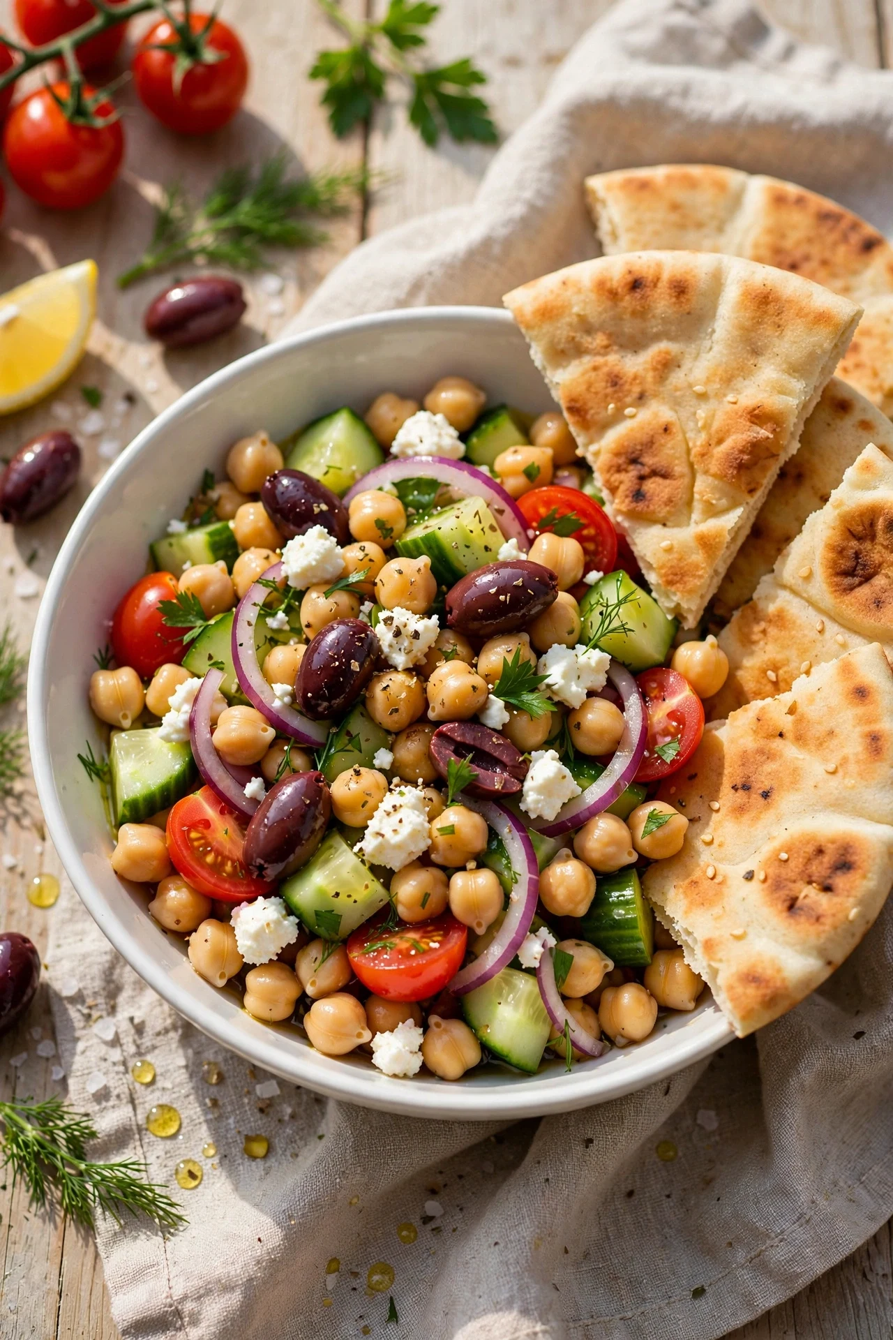 Greek chickpea salad with chickpeas, cucumber, tomatoes, olives and feta in a white bowl