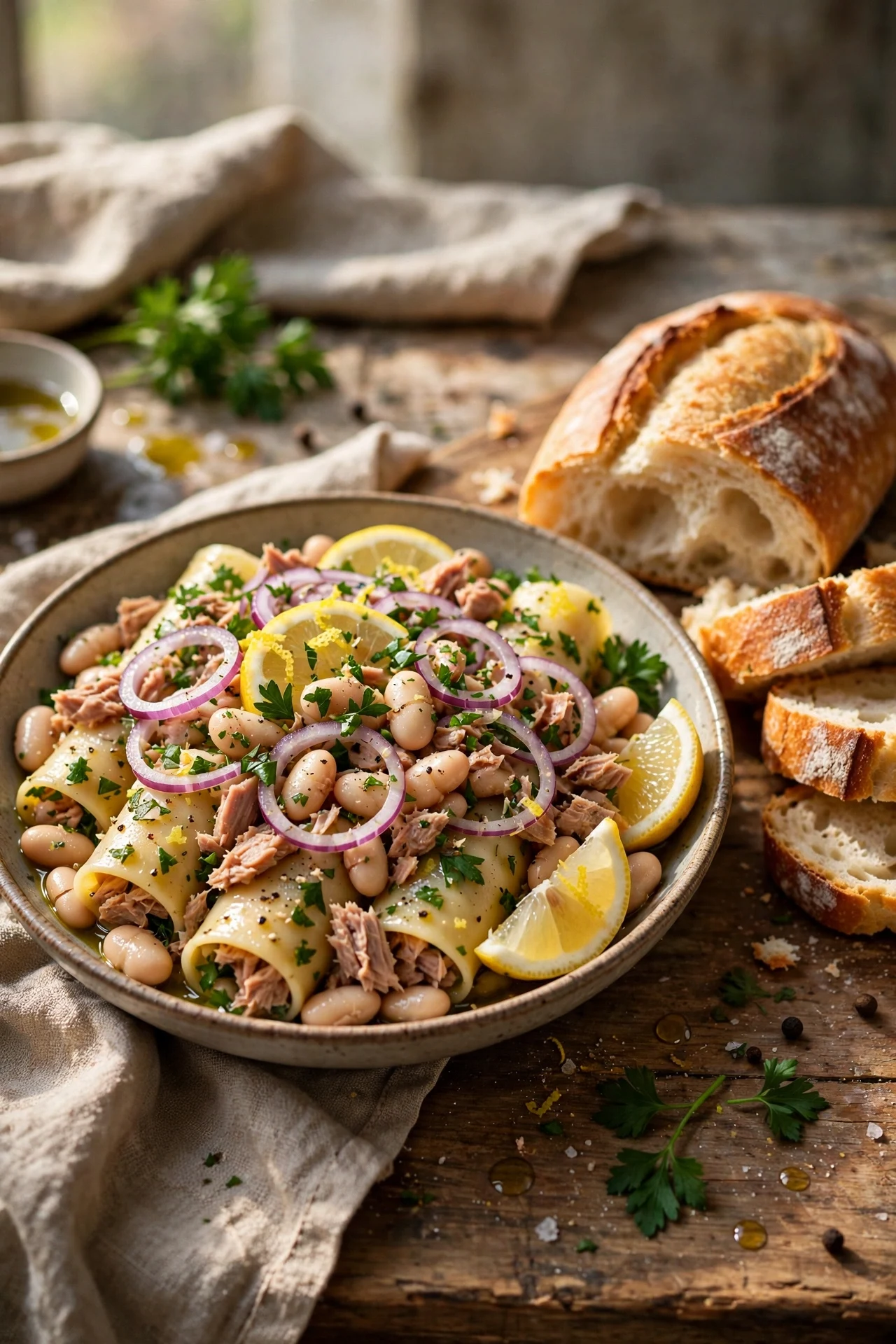 Italian cannellini and tuna salad with white beans, tuna, red onion and parsley with lemon