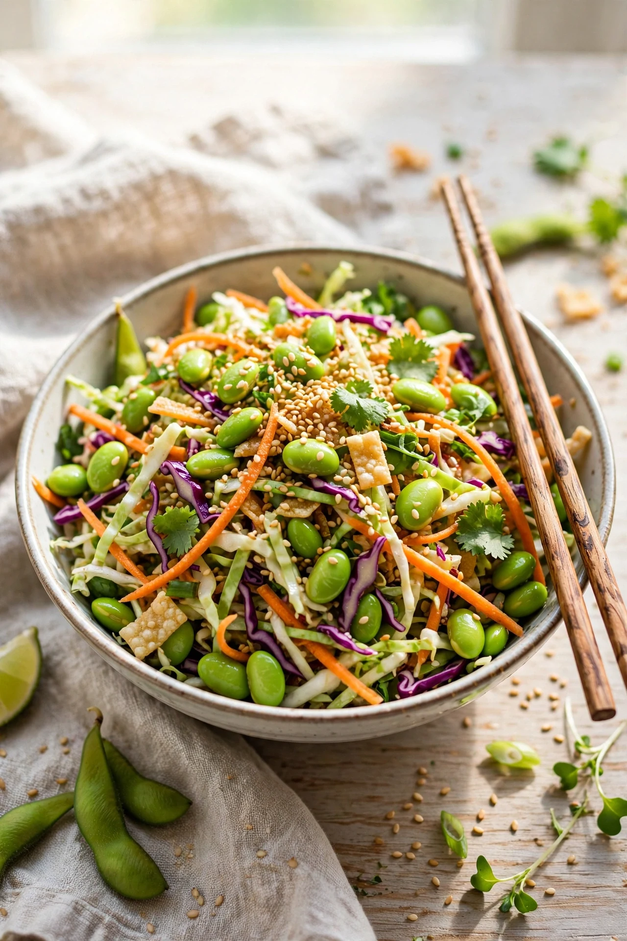 Edamame sesame crunch salad with edamame, shredded cabbage, carrots and sesame seeds in an Asian bowl