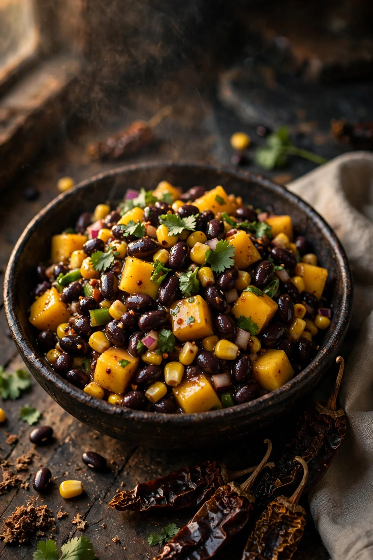 Smoky chipotle black bean salad with black beans, mango, corn and cilantro in a dark rustic bowl