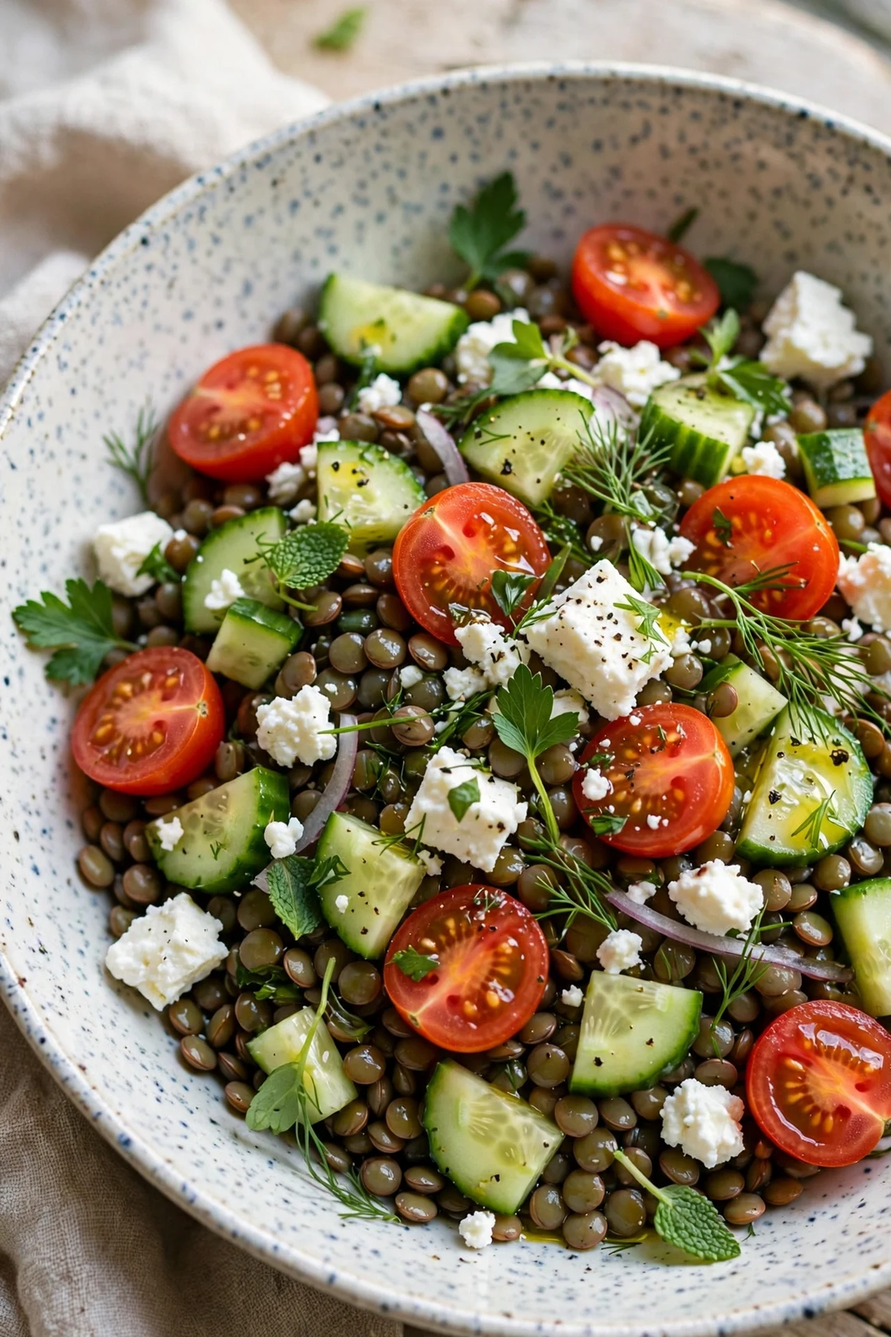 Lentil and feta salad with French green lentils, cherry tomatoes, cucumber and crumbled feta