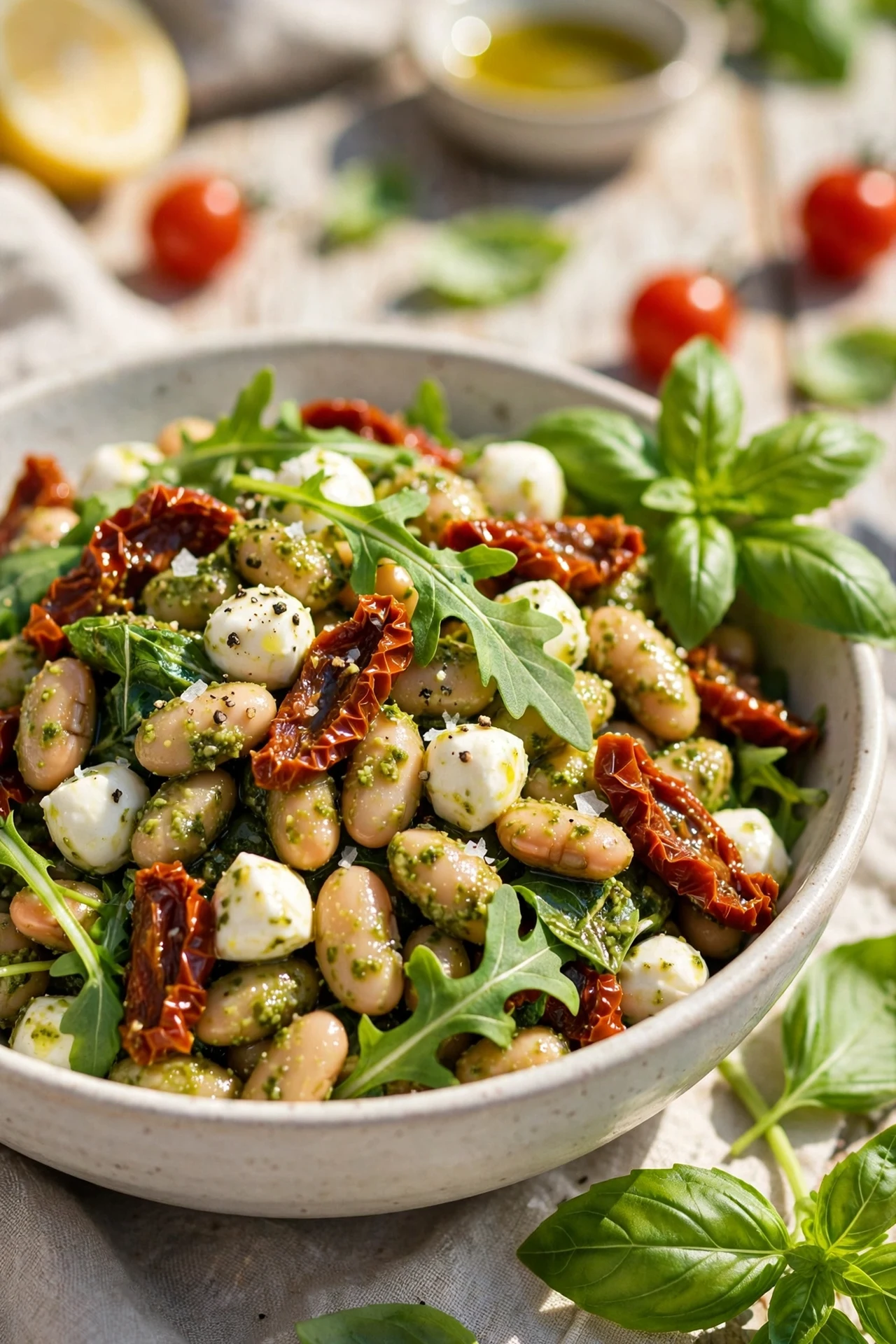 Pesto white bean salad with cannellini beans, sun-dried tomatoes, mozzarella pearls and arugula