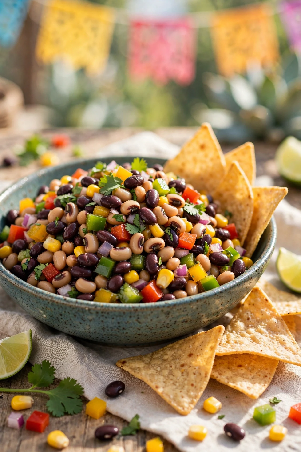 Cowboy caviar bean salad with black beans, black-eyed peas, corn and diced peppers, tortilla chips beside it