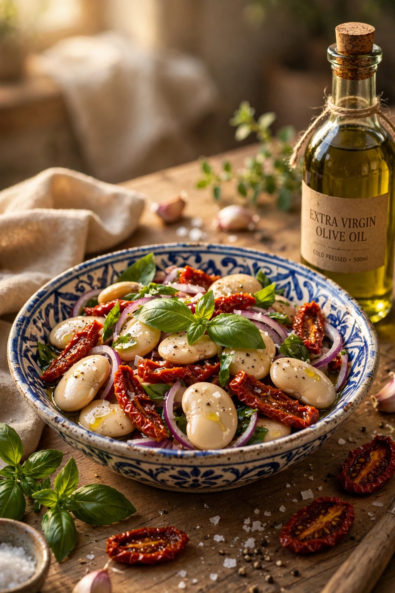 Butter bean and sun-dried tomato salad with giant butter beans, basil and red onion in a Mediterranean bowl