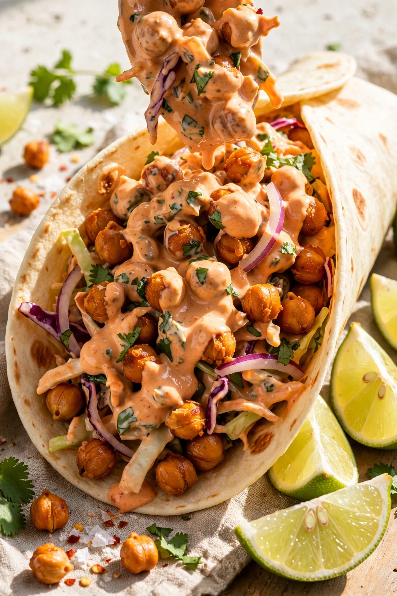 Spicy sriracha chickpea salad with crispy roasted chickpeas in creamy sriracha lime sauce in a wrap
