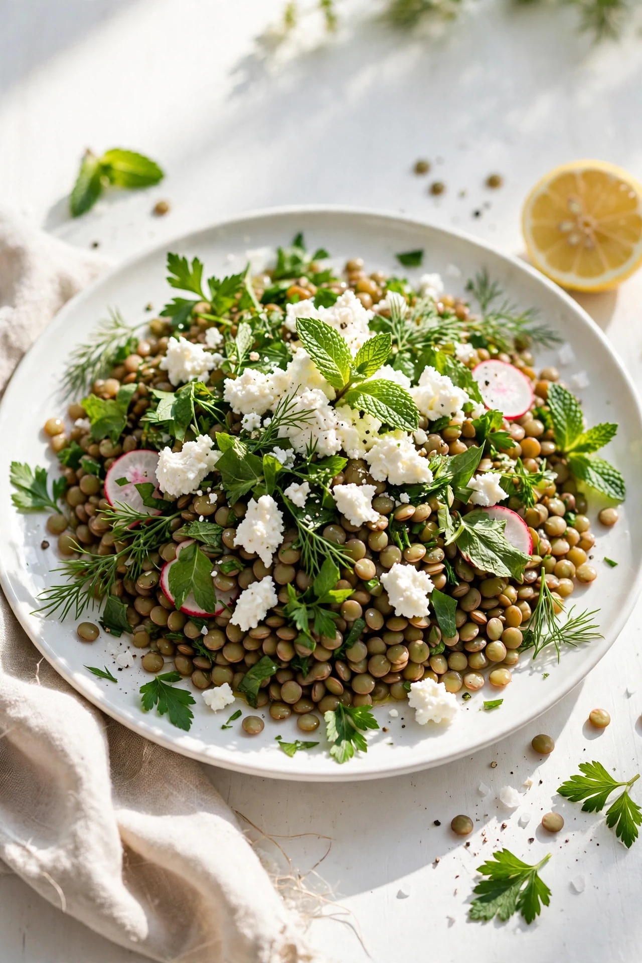 Herby lentil and goat cheese salad with green lentils, fresh parsley mint dill and crumbled goat cheese