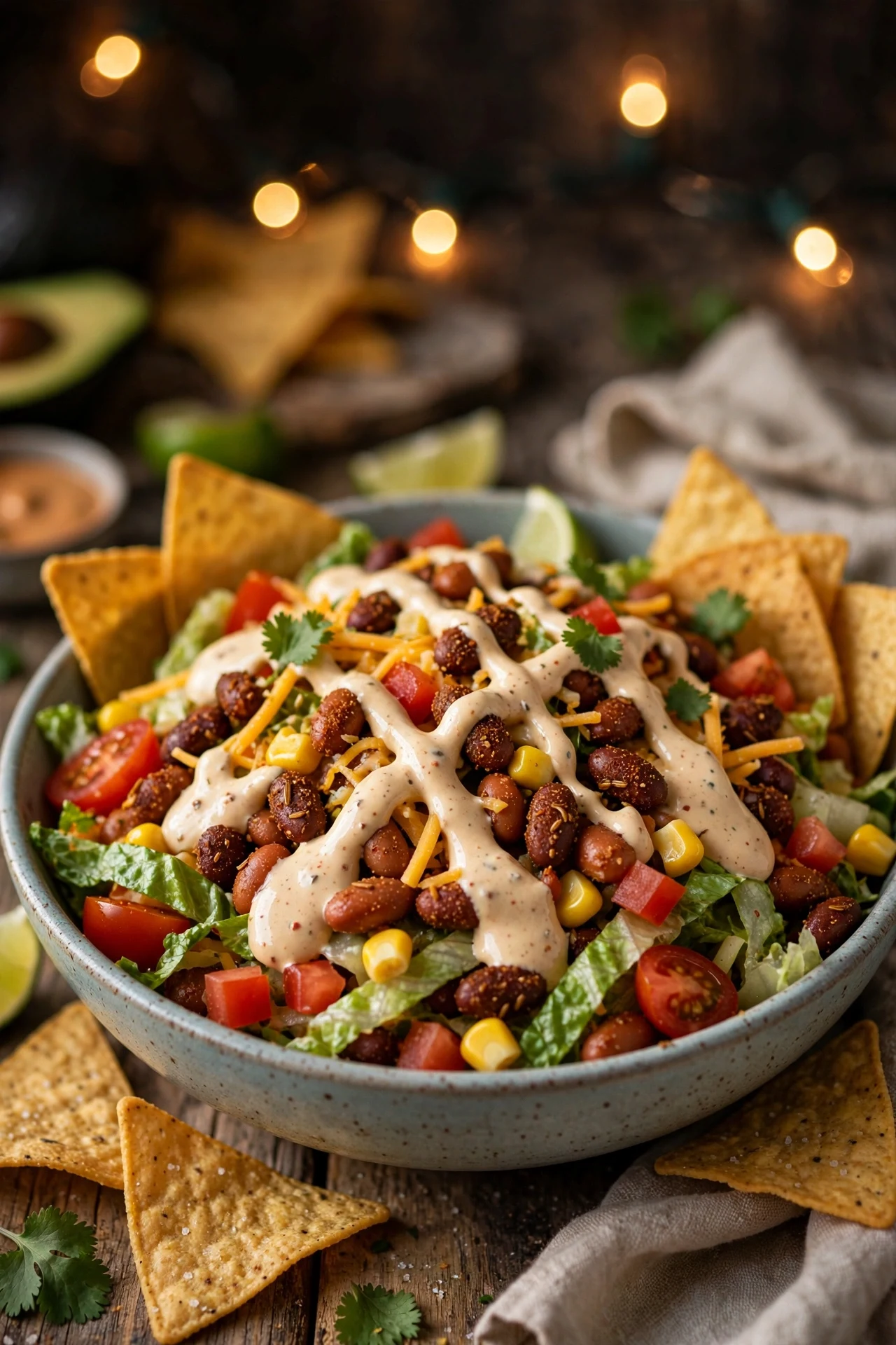 Taco-spiced pinto bean salad with seasoned pinto beans, romaine, tomatoes, corn and cheddar in a bowl