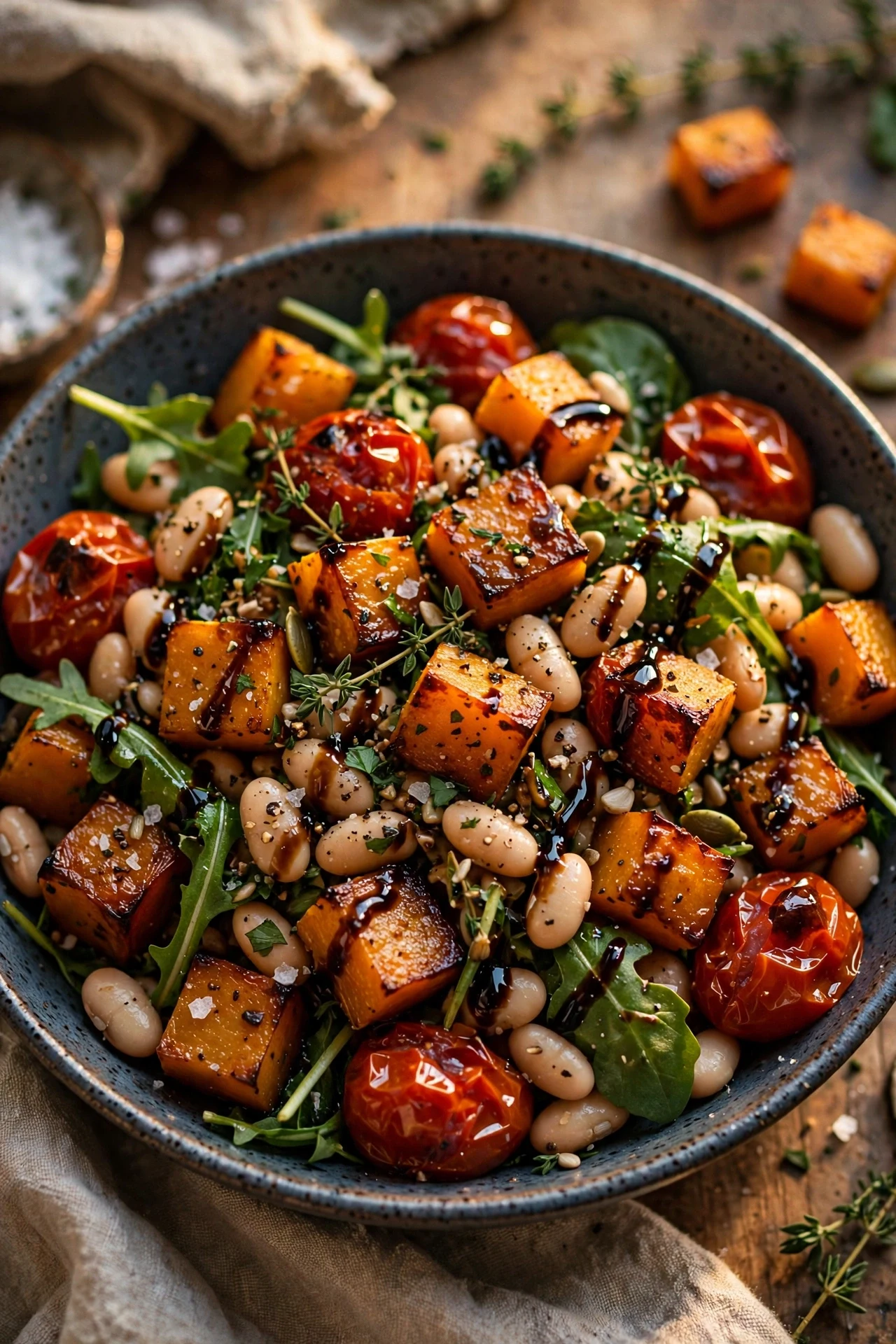 Balsamic roasted veggie bean salad with caramelized butternut squash, tomatoes and white beans