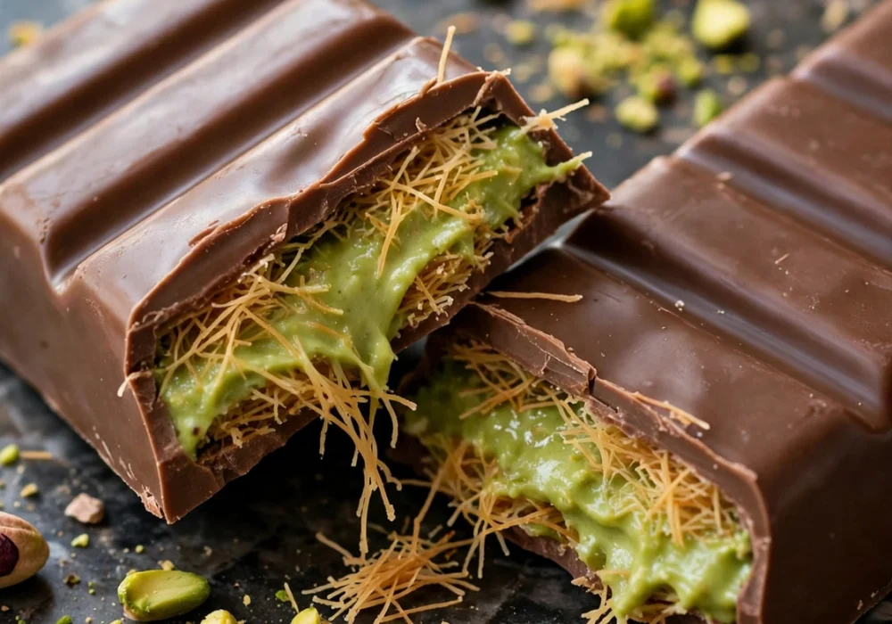 Close-up view of a Dubai chocolate bar broken open with green pistachio kataifi filling oozing out