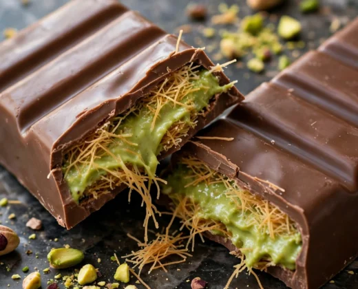 Close-up view of a Dubai chocolate bar broken open with green pistachio kataifi filling oozing out