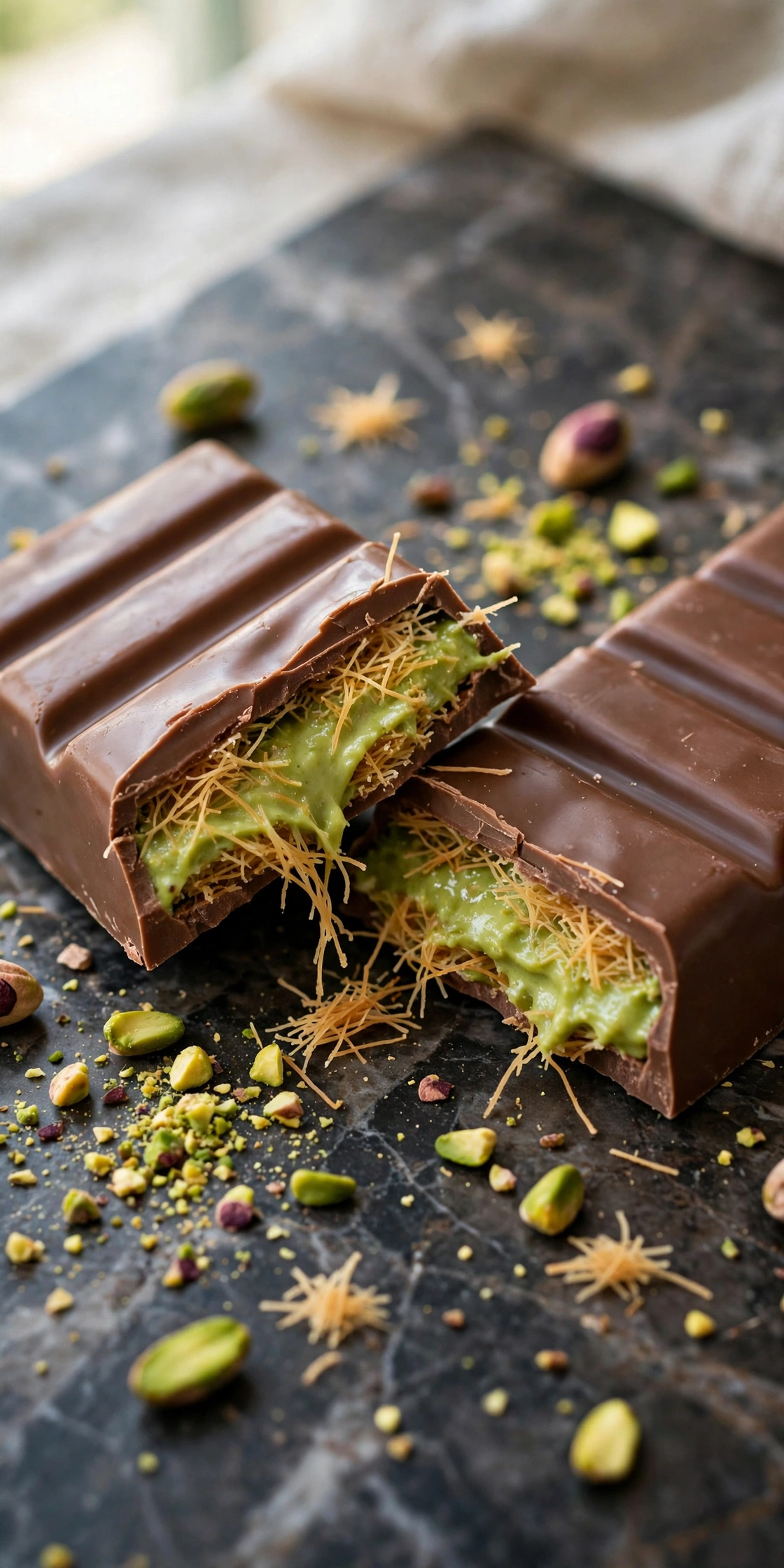 Close-up view of a Dubai chocolate bar broken open with green pistachio kataifi filling oozing out
