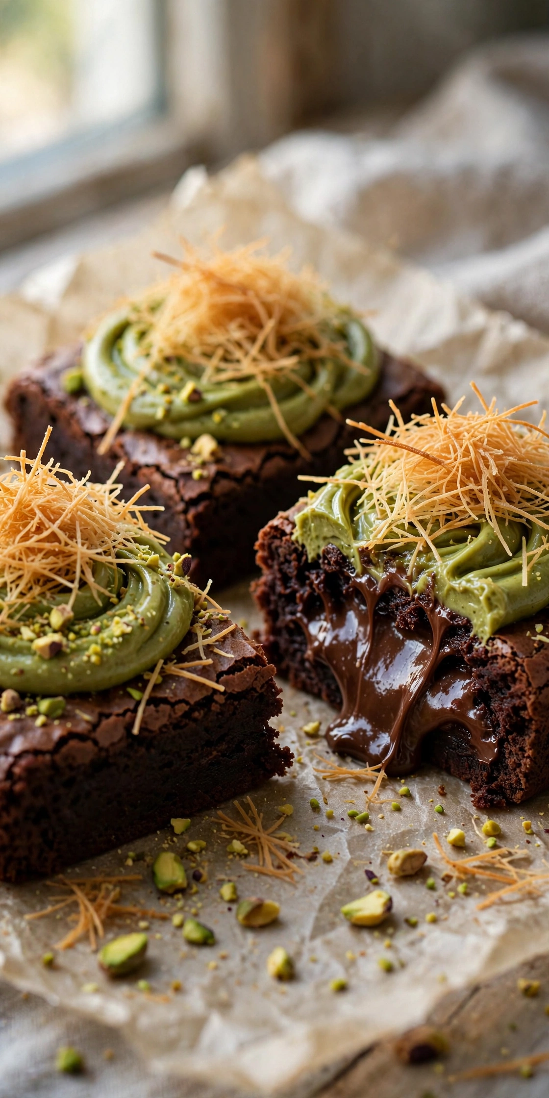 View of fudgy Dubai chocolate brownies with a pistachio kataifi swirl layer on top
