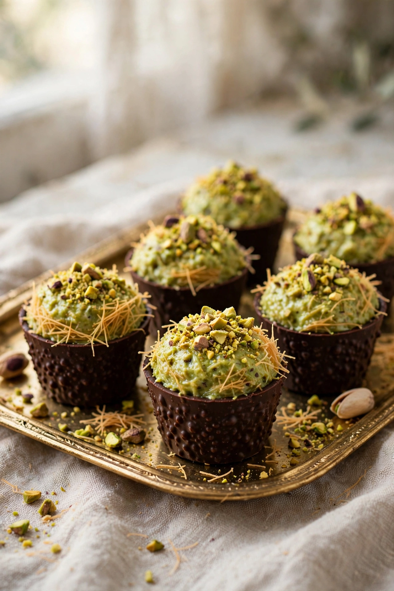 View of chocolate cups filled with pistachio kataifi cream and topped with crushed pistachios