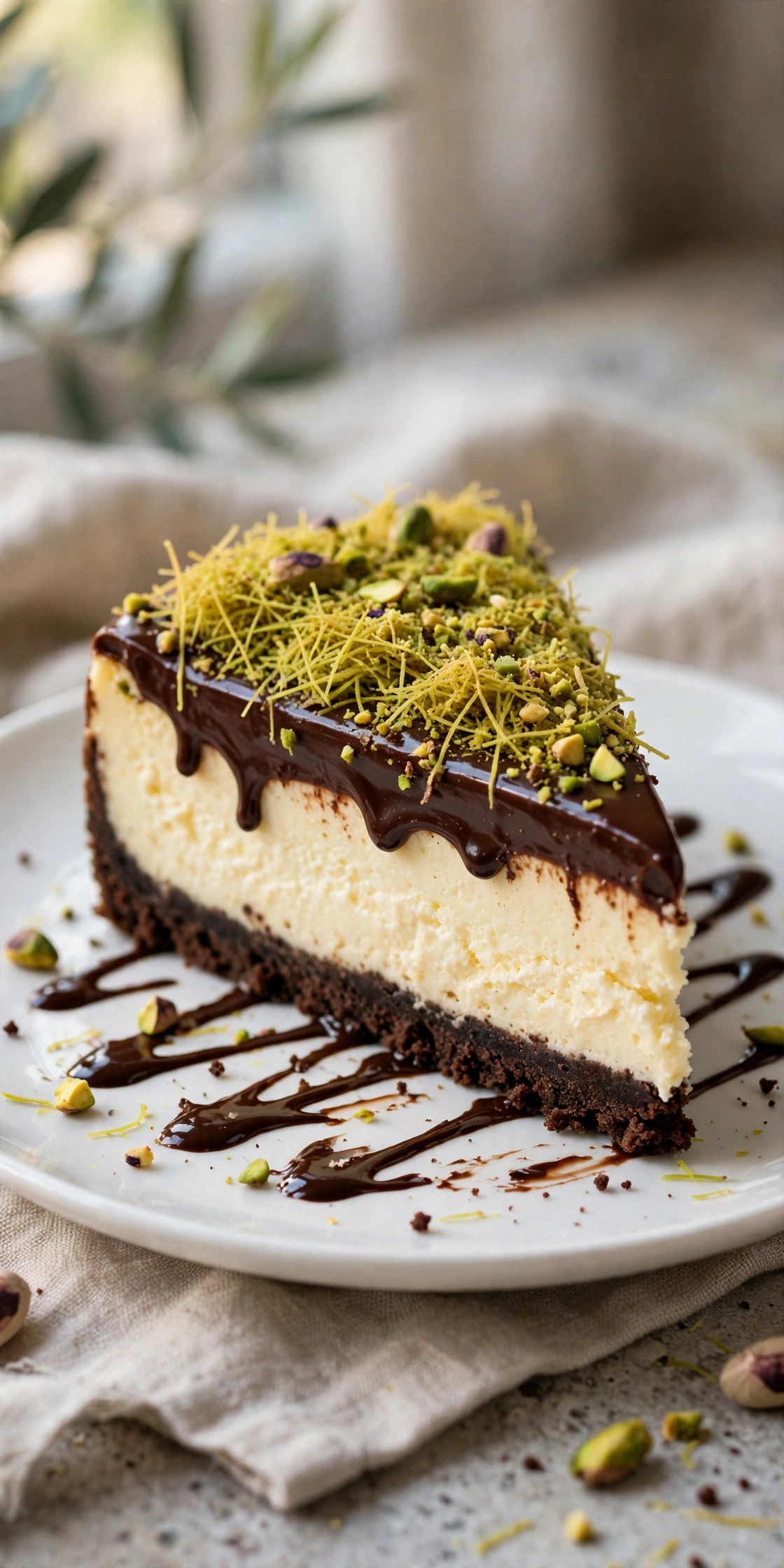View of a slice of Dubai chocolate cheesecake with pistachio kataifi topping and chocolate ganache