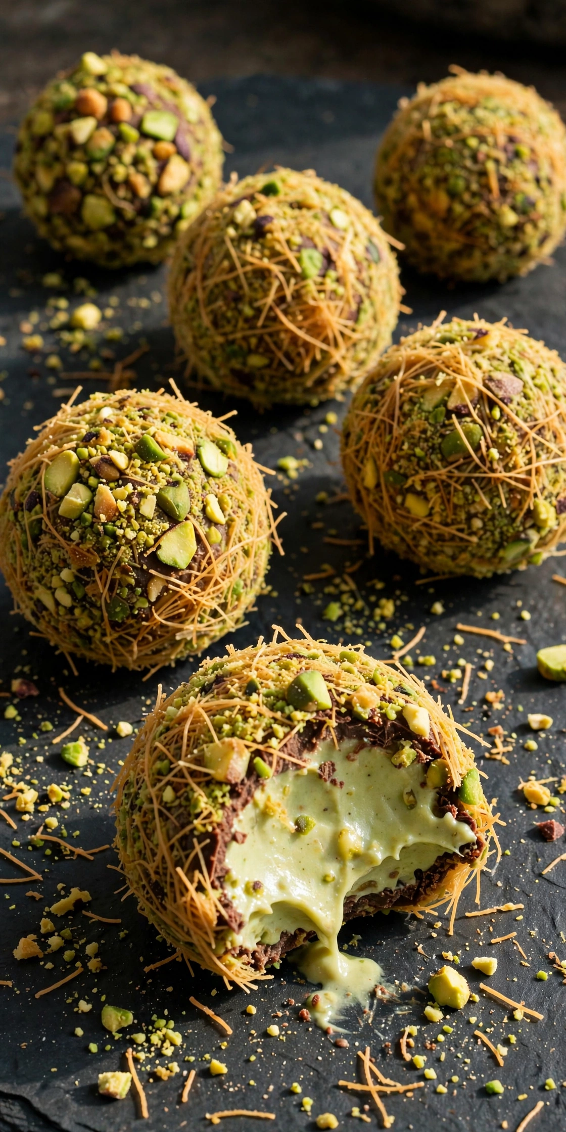 View of chocolate truffles rolled in crushed pistachios with a kataifi crunch center