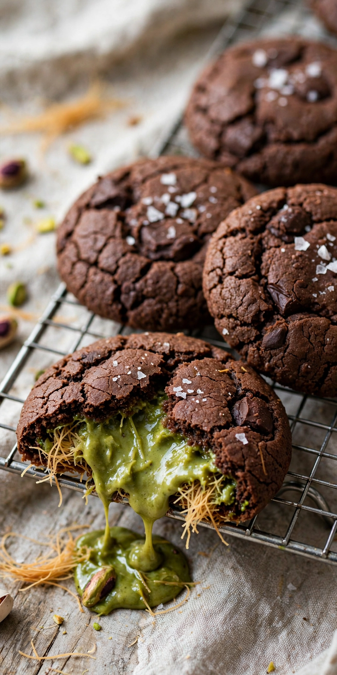 View of thick chocolate cookies stuffed with pistachio kataifi filling and melted chocolate chips